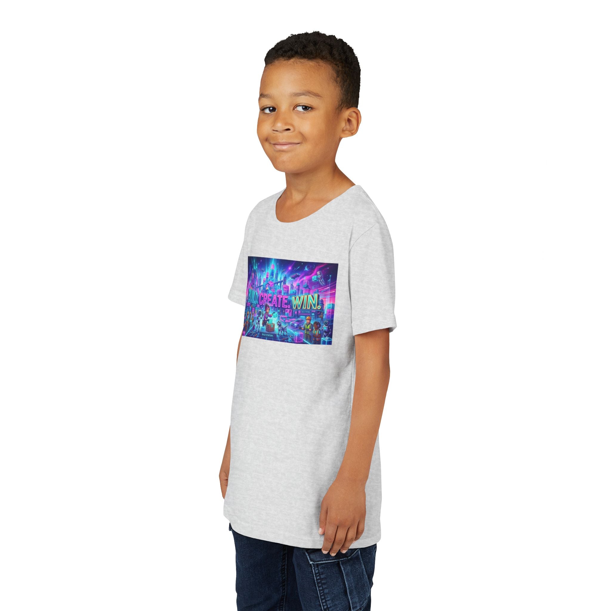 Youth Tee — “BUILD. CREATE. WIN.” Neon Builder City Design