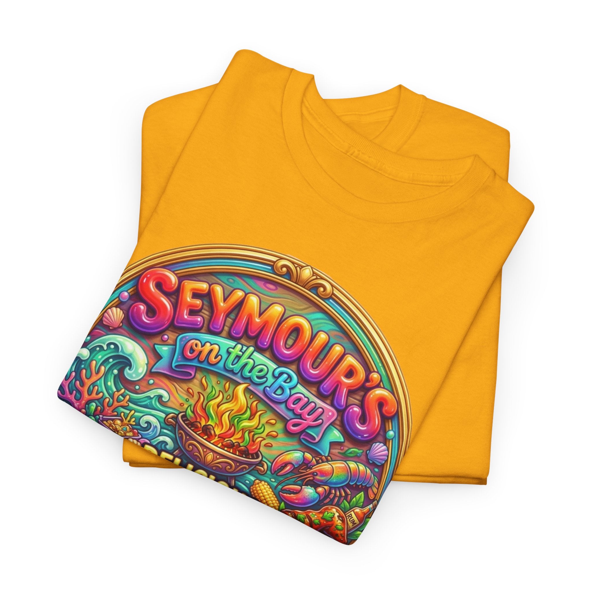 Caribbean BBQ & Seafood Tee — “Seymour’s” Vibrant Island Food Graphic T-Shirt