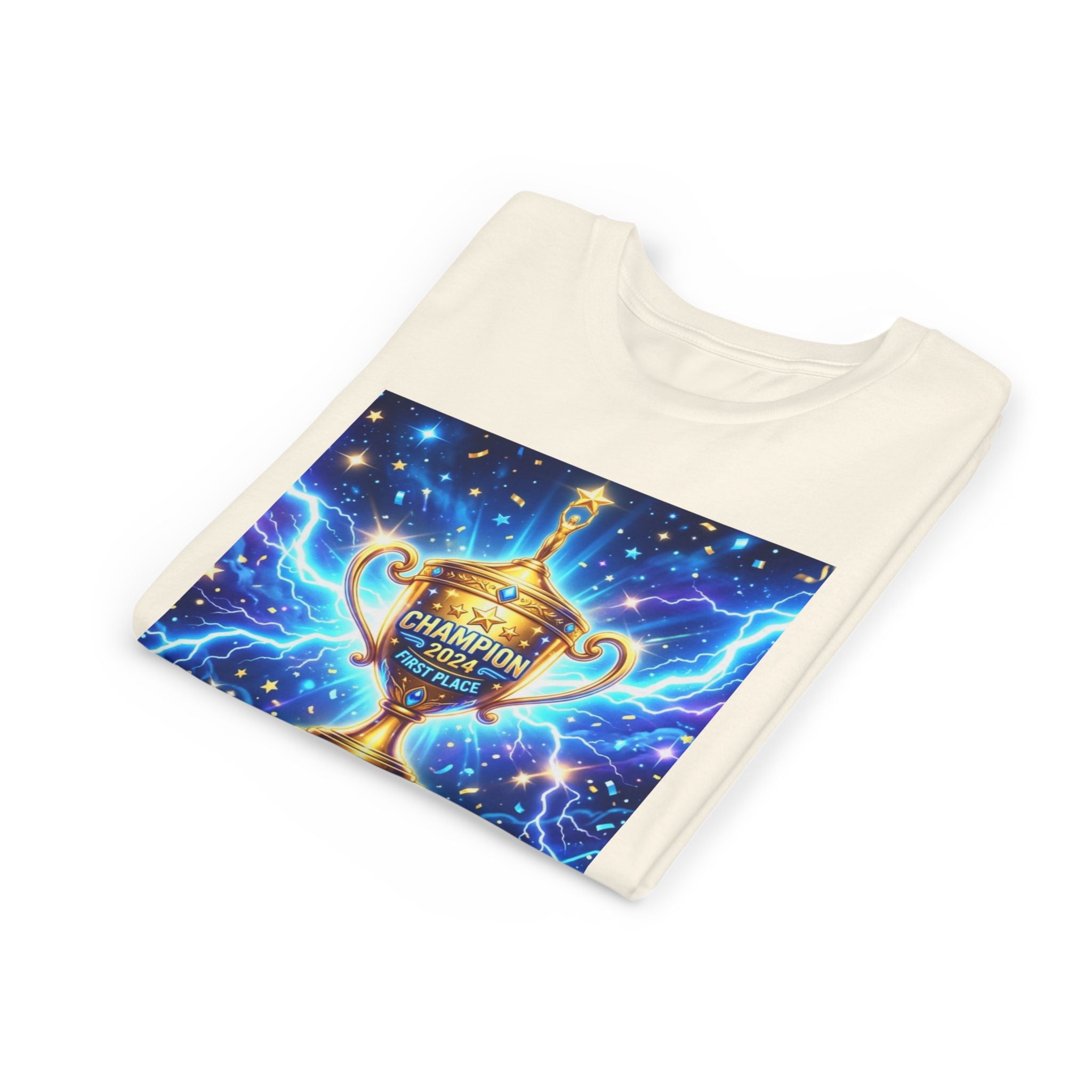 Youth Trophy Lightning Tee — Winning Kids' Short Sleeve Shirt with Stars & Confetti