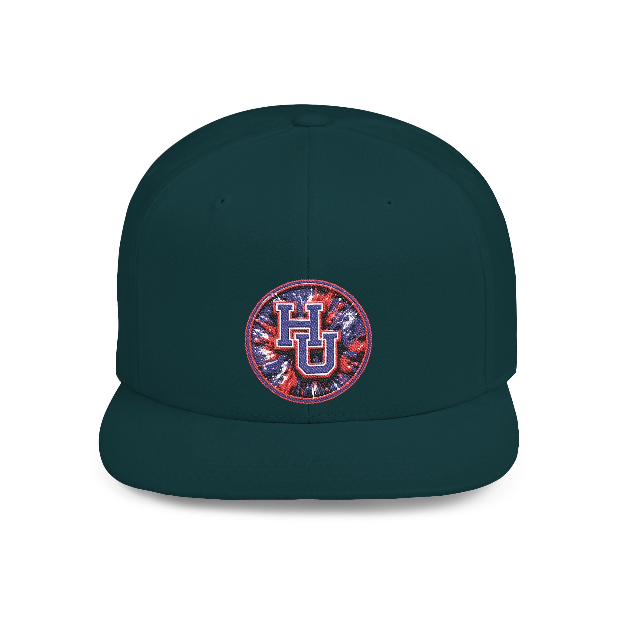 HU Logo Flat Bill Snapback Hat — Red & Blue Sequin Patch Cap