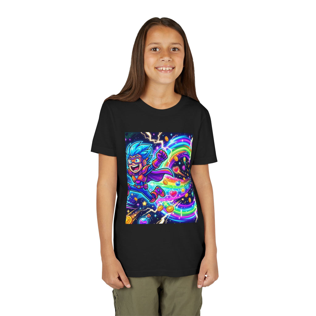 Retro Pixel Explosion Youth Tee — Smiling Avatar, Hearts, Gems & Controllers