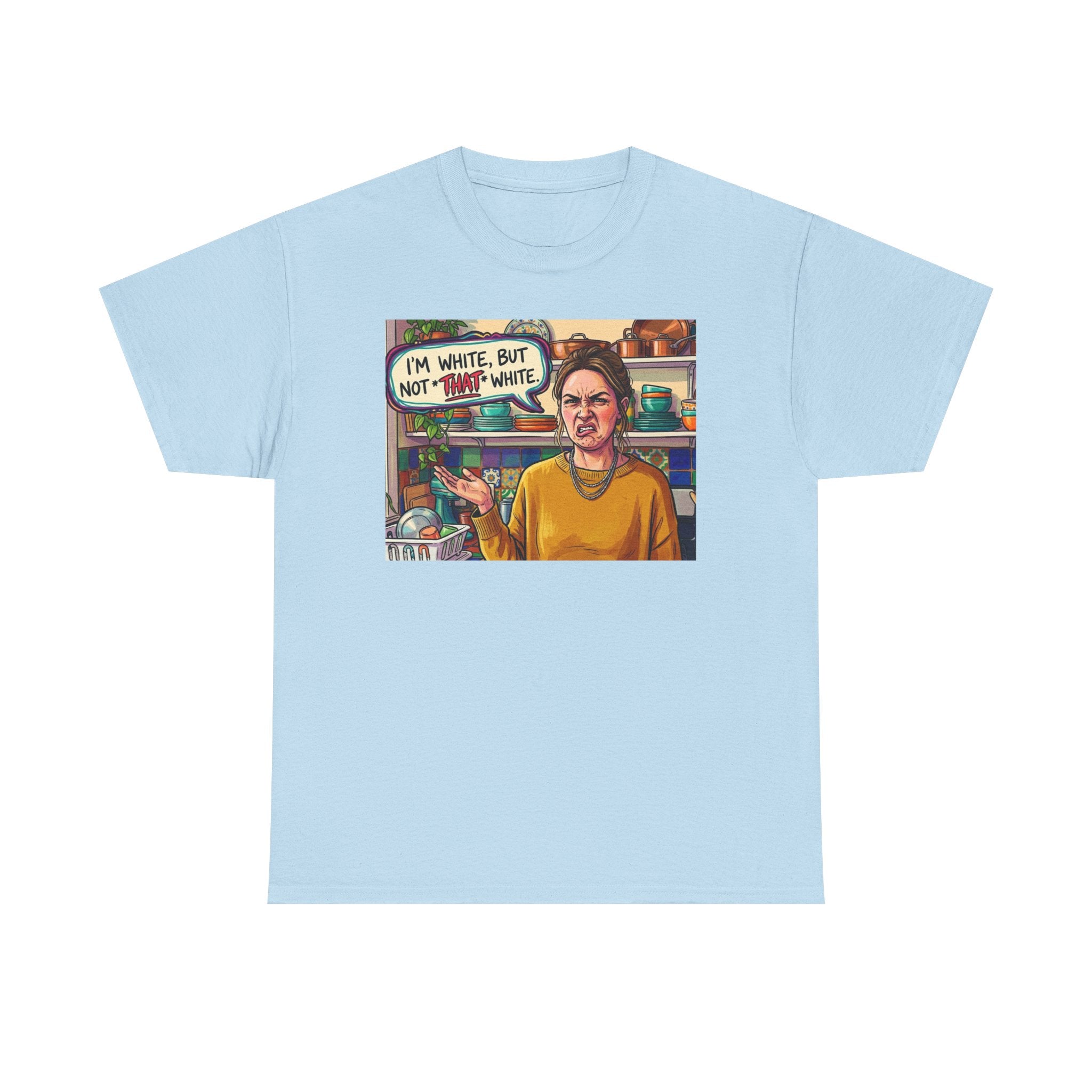 Graphic Tee — "I'm White, But Not THAT White" Illustration with Back Raised Fist Logo