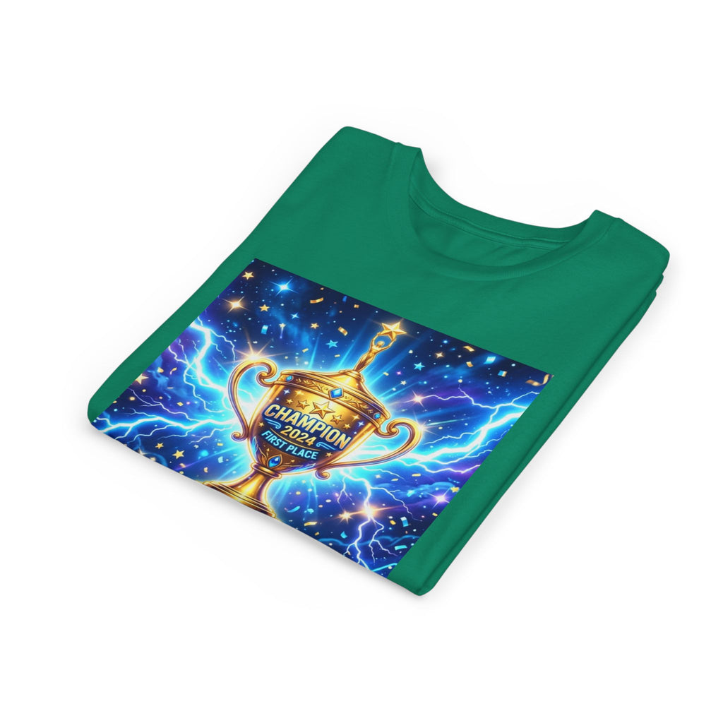 Youth Trophy Lightning Tee — Winning Kids' Short Sleeve Shirt with Stars & Confetti
