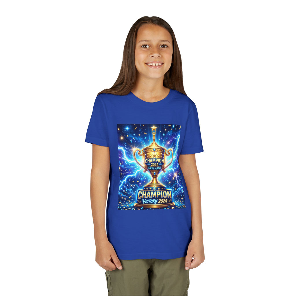 Youth Trophy Lightning Tee — Winning Kids' Short Sleeve Shirt with Stars & Confetti