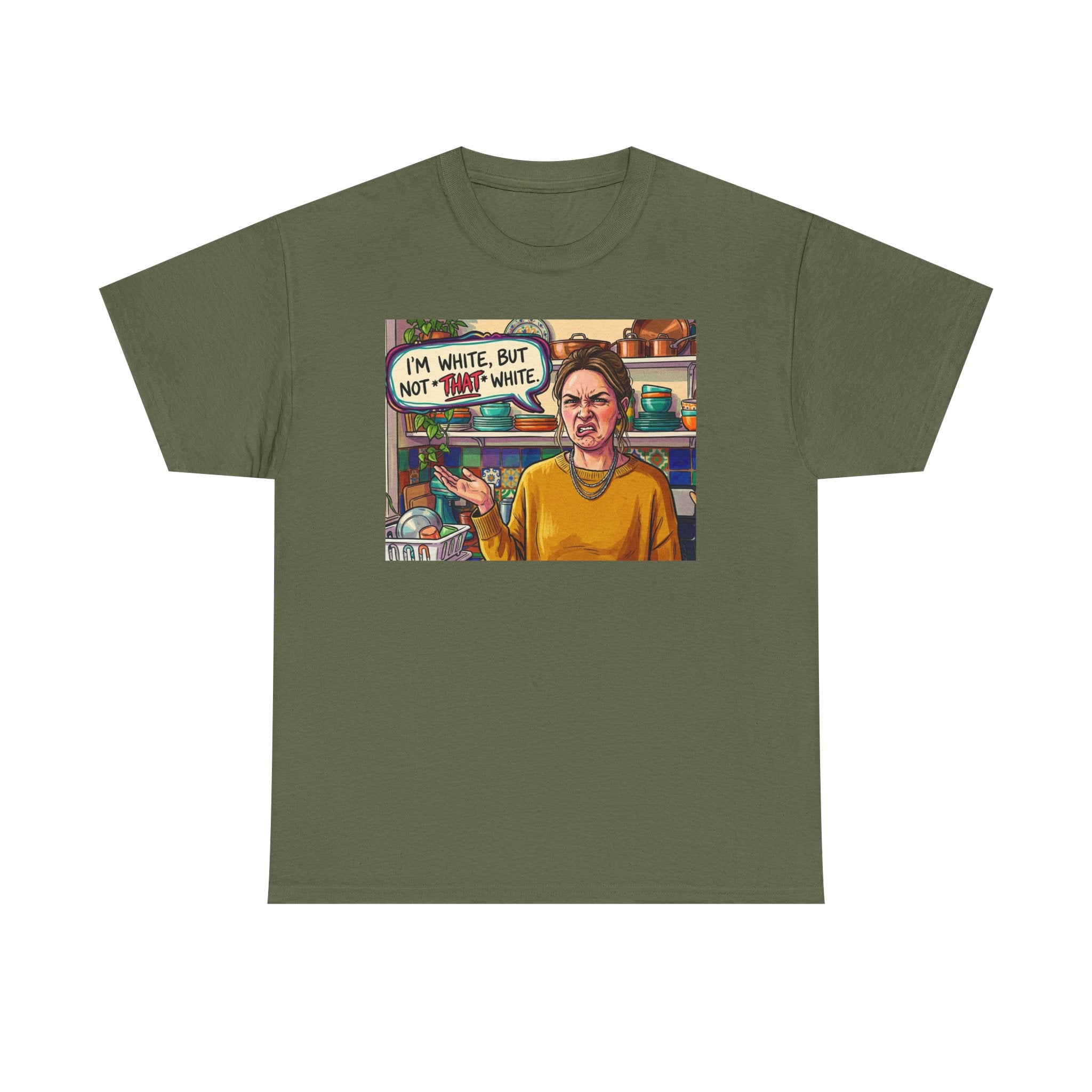 Graphic Tee — "I'm White, But Not THAT White" Illustration with Back Raised Fist Logo