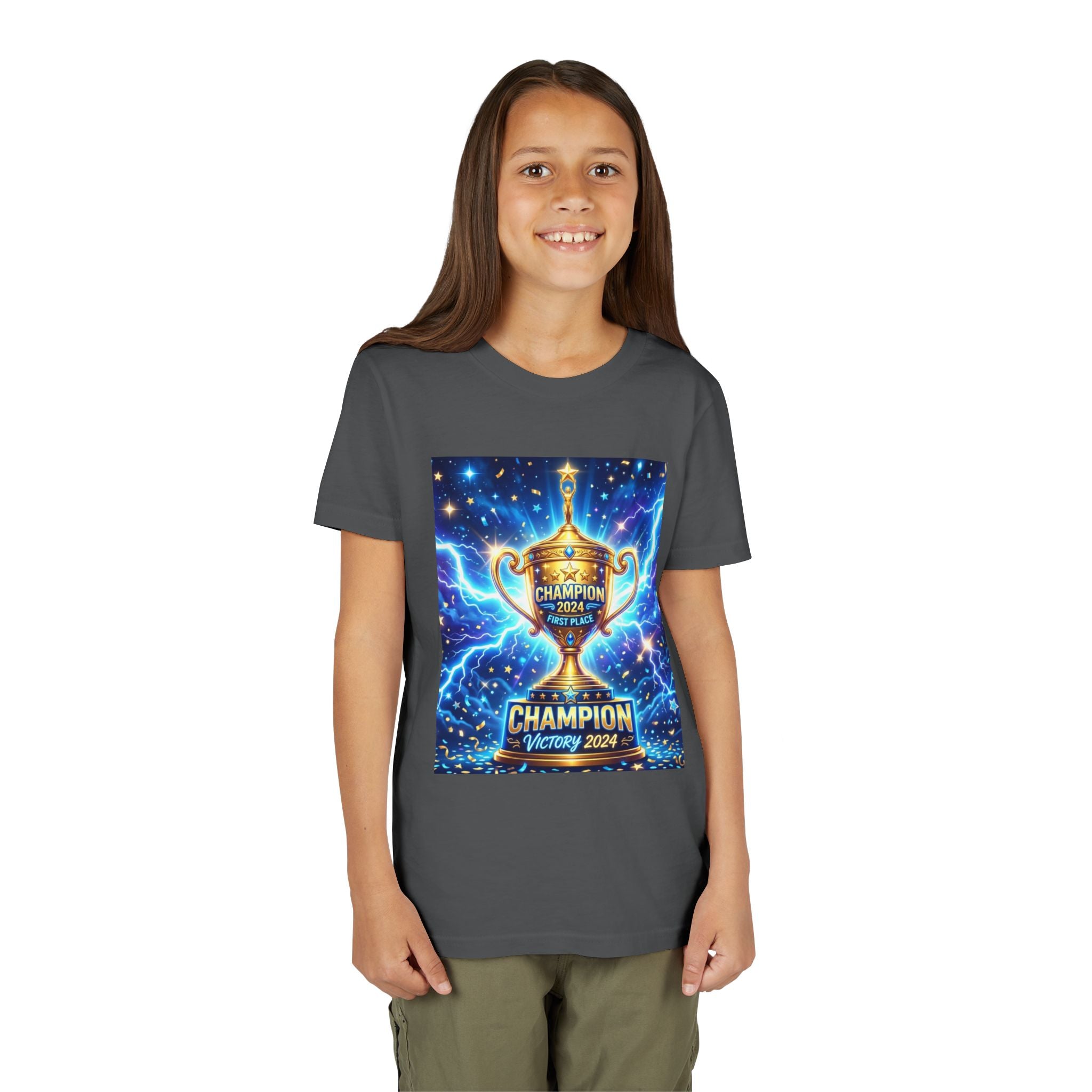 Youth Trophy Lightning Tee — Winning Kids' Short Sleeve Shirt with Stars & Confetti