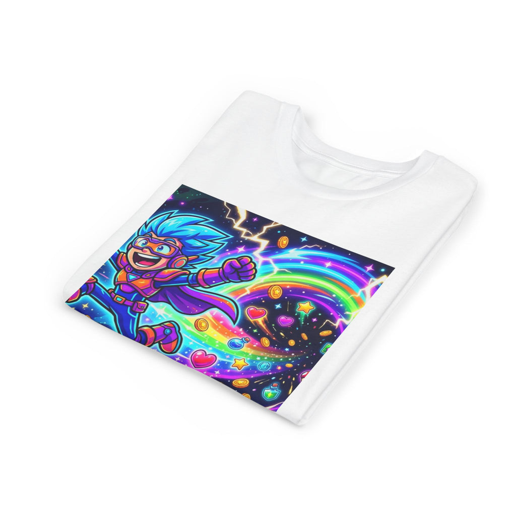 Retro Pixel Explosion Youth Tee — Smiling Avatar, Hearts, Gems & Controllers