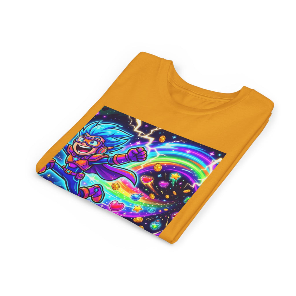 Retro Pixel Explosion Youth Tee — Smiling Avatar, Hearts, Gems & Controllers