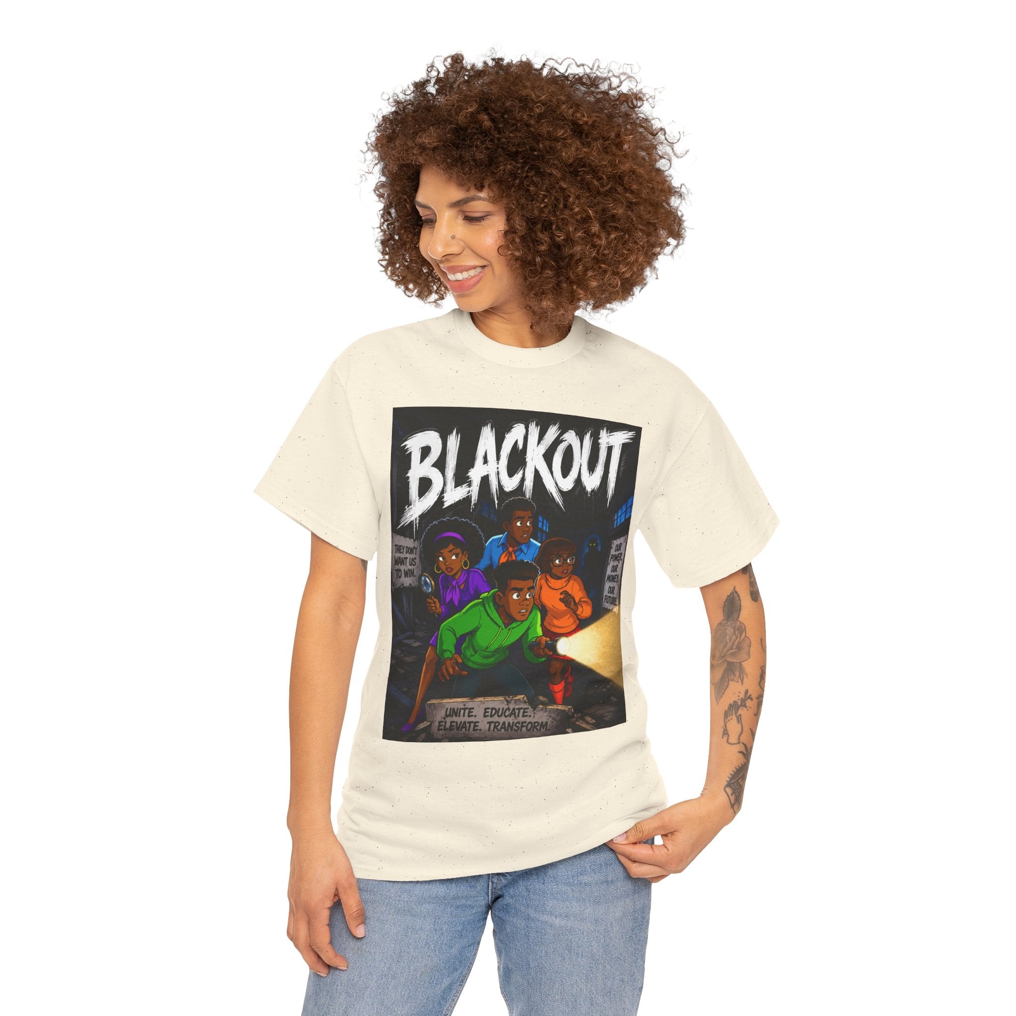 Blackout Graphic Tee — Urban Comic Poster Design with Back Fist Logo