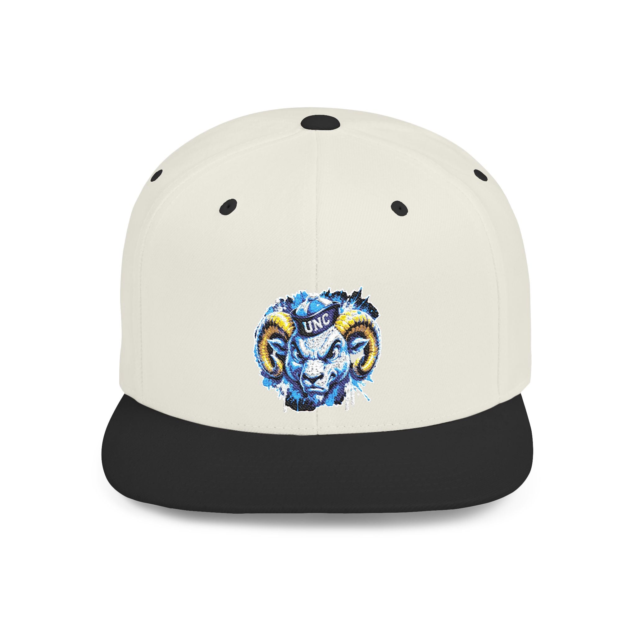 Ram Head Snapback Hat — Blue & Gold Embroidered Flat-Bill Cap