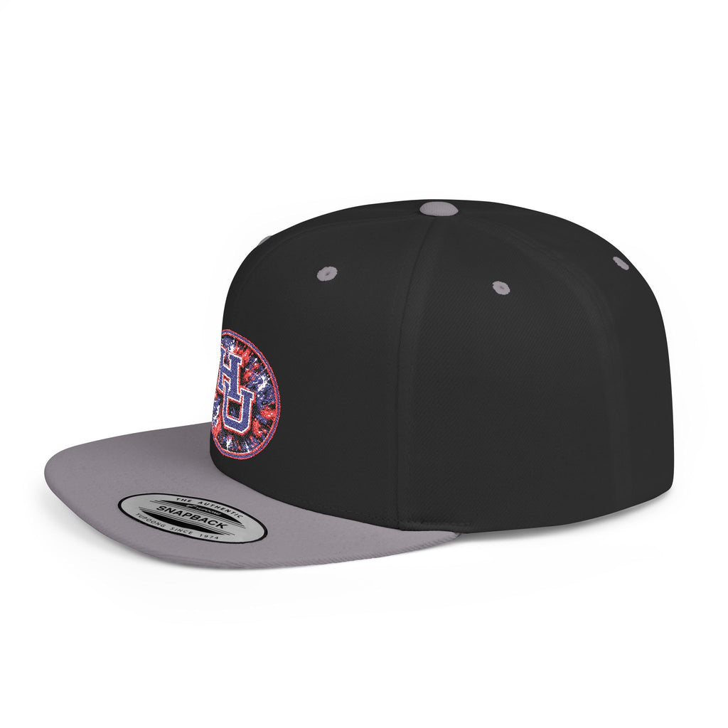 HU Logo Flat Bill Snapback Hat — Red & Blue Sequin Patch Cap