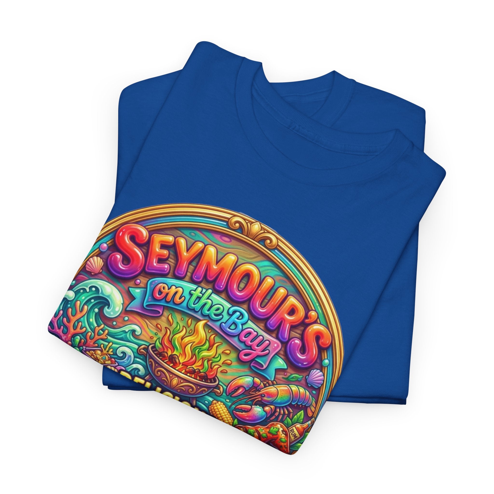 Caribbean BBQ & Seafood Tee — “Seymour’s” Vibrant Island Food Graphic T-Shirt