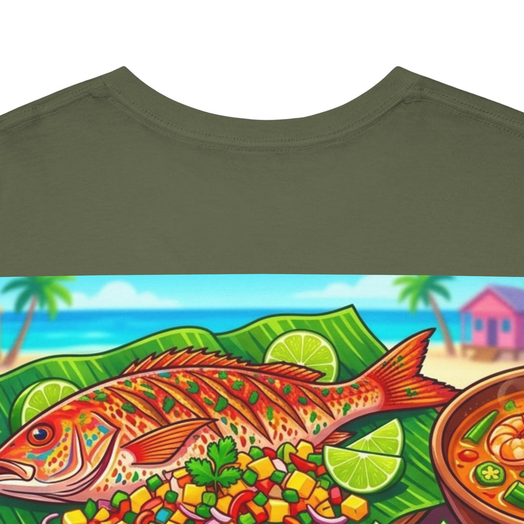 Caribbean BBQ & Seafood Tee — “Seymour’s” Vibrant Island Food Graphic T-Shirt