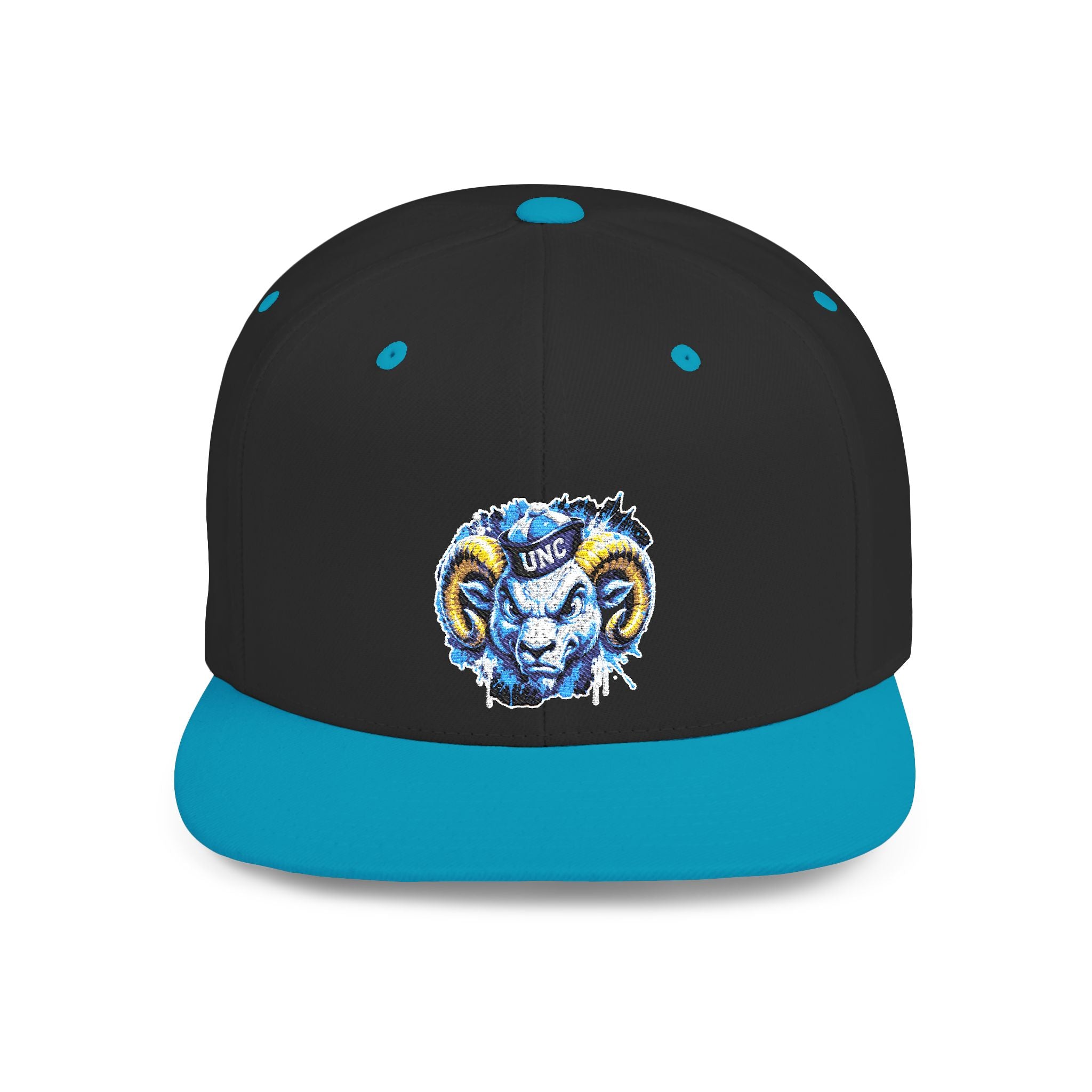 Ram Head Snapback Hat — Blue & Gold Embroidered Flat-Bill Cap