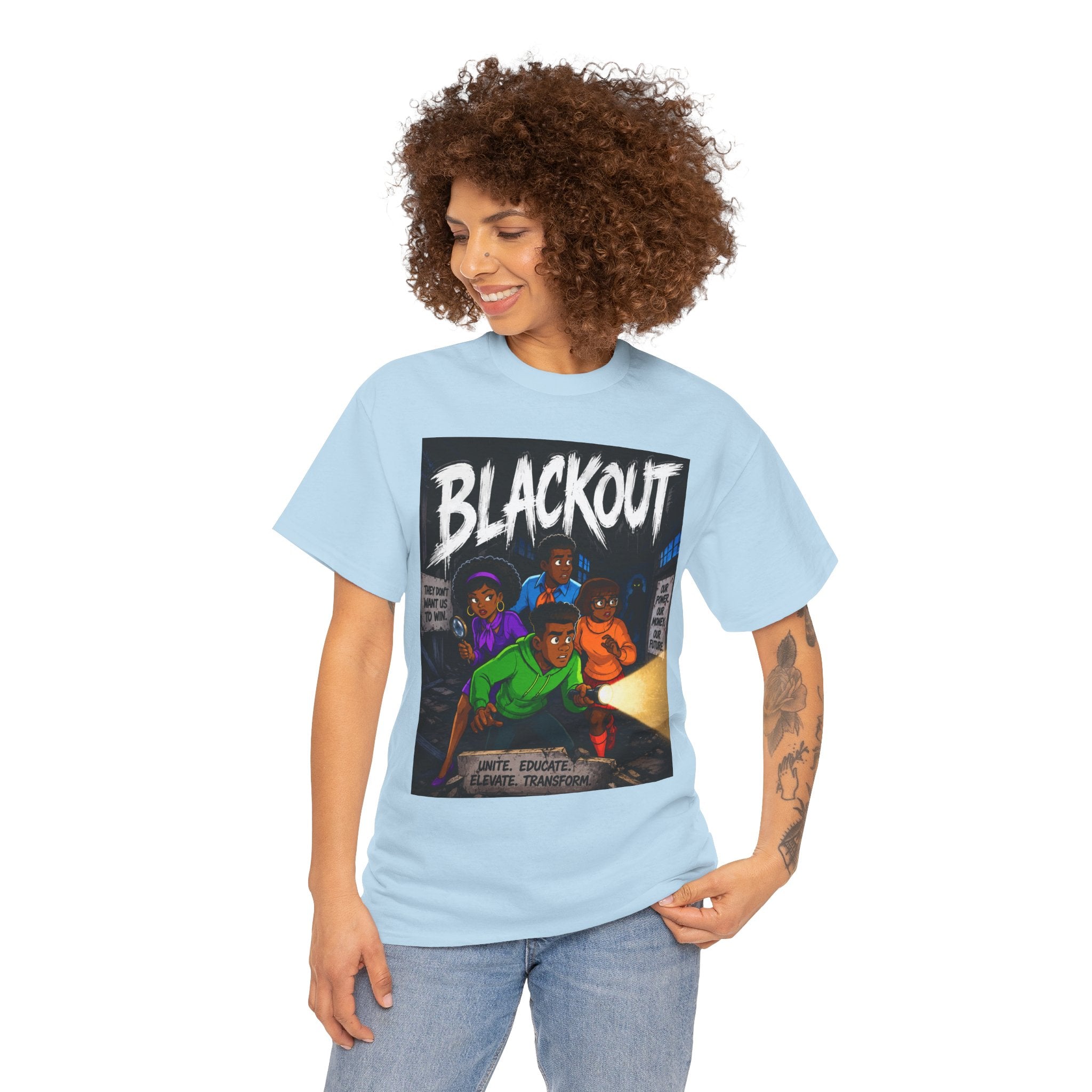 Blackout Graphic Tee — Urban Comic Poster Design with Back Fist Logo