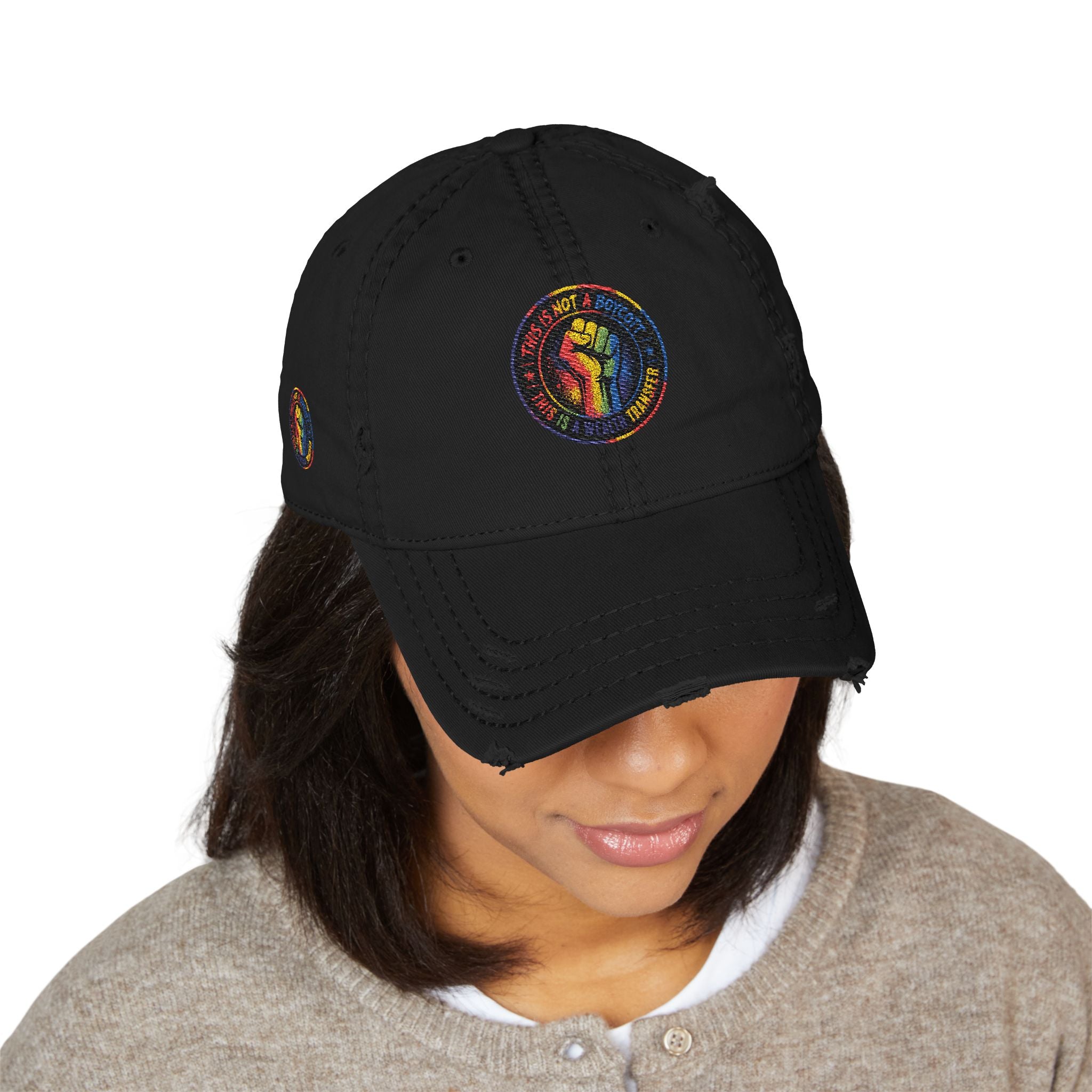 Distressed Embroidered Dad Hat — Retro Rainbow Fist & Smiley Daisy Cap