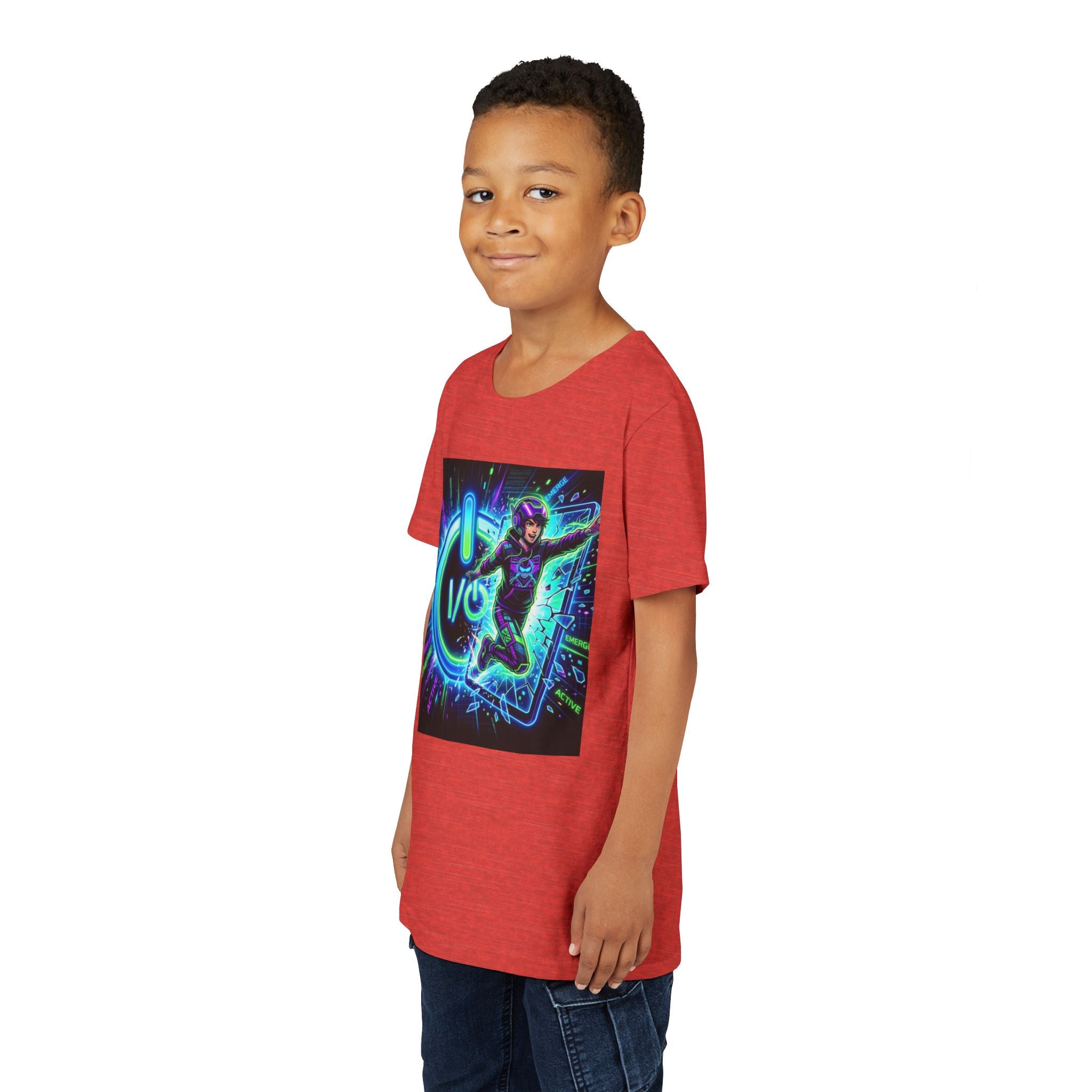 Neon Power Button Tee — Gamer Screen Escape Youth T-Shirt
