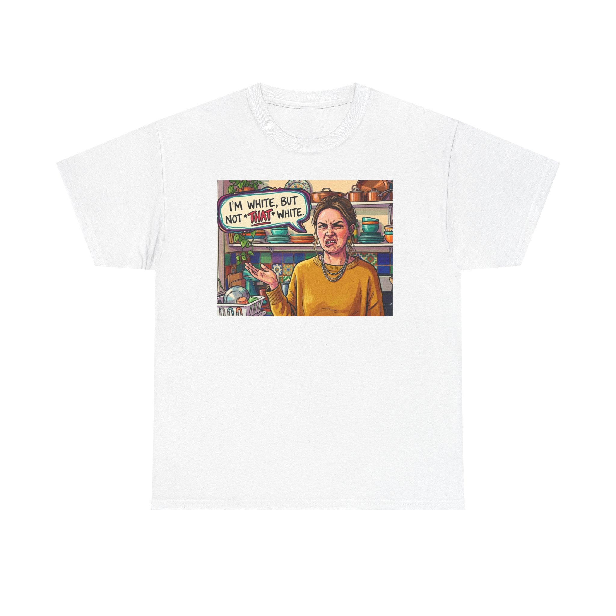 Graphic Tee — "I'm White, But Not THAT White" Illustration with Back Raised Fist Logo