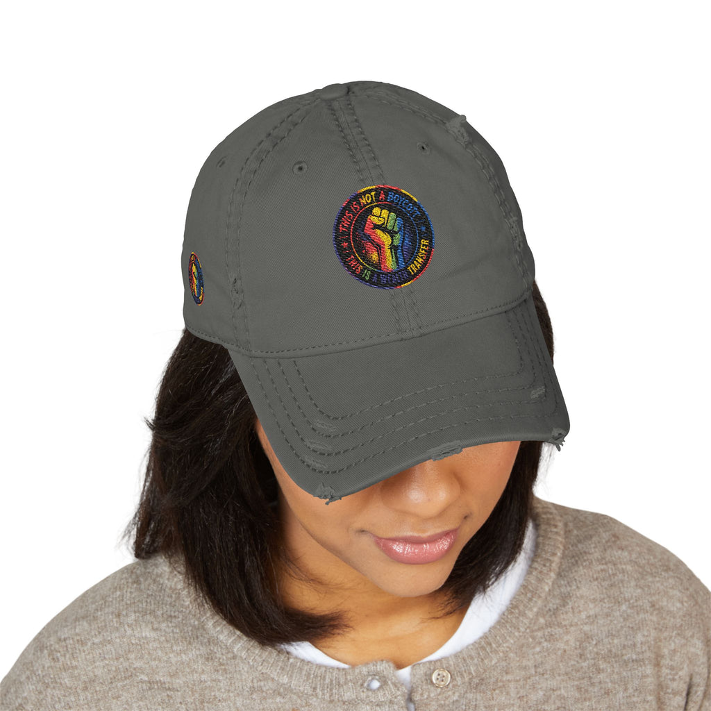 Distressed Embroidered Dad Hat — Retro Rainbow Fist & Smiley Daisy Cap