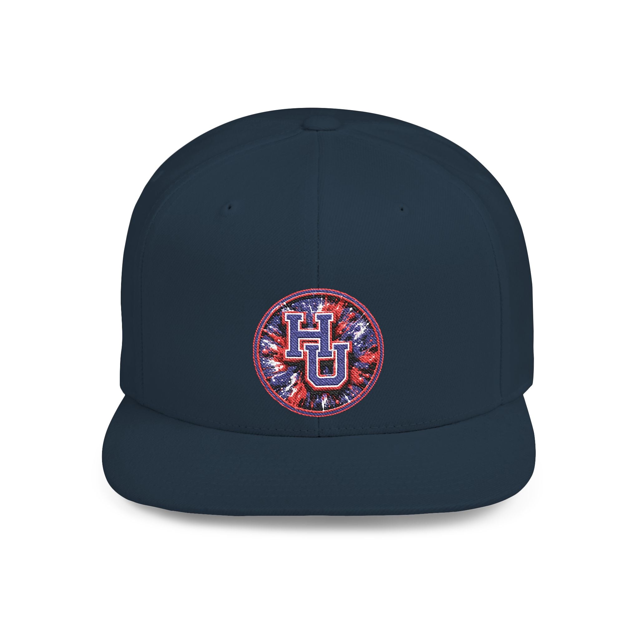 HU Logo Flat Bill Snapback Hat — Red & Blue Sequin Patch Cap