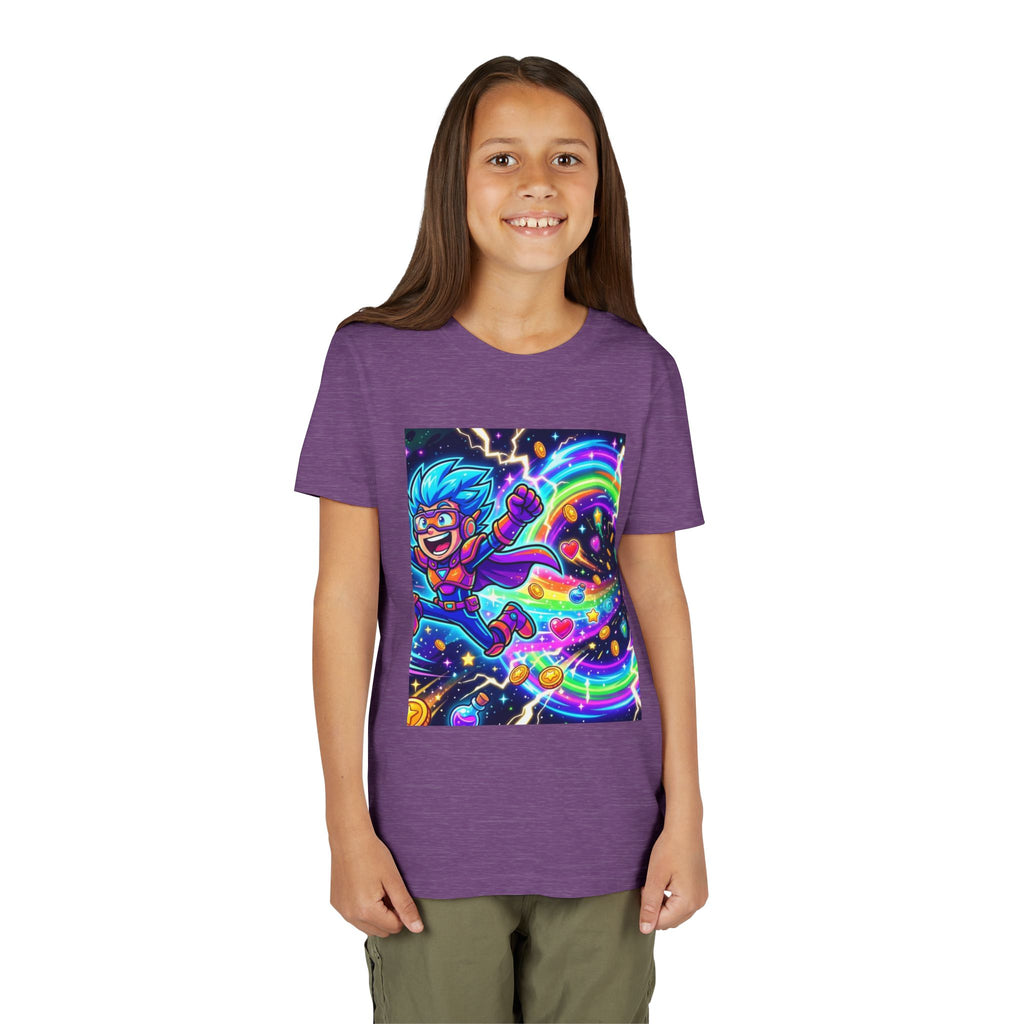 Retro Pixel Explosion Youth Tee — Smiling Avatar, Hearts, Gems & Controllers