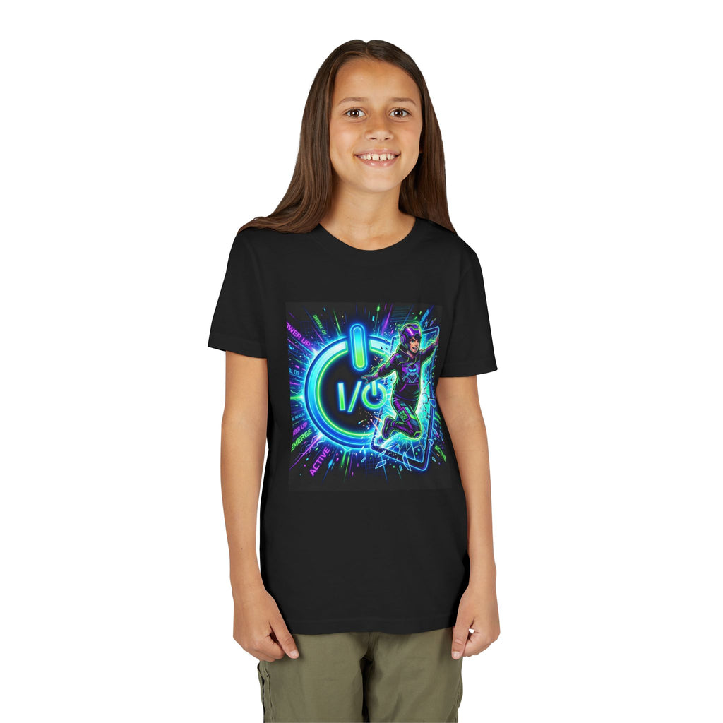 Neon Power Button Tee — Gamer Screen Escape Youth T-Shirt