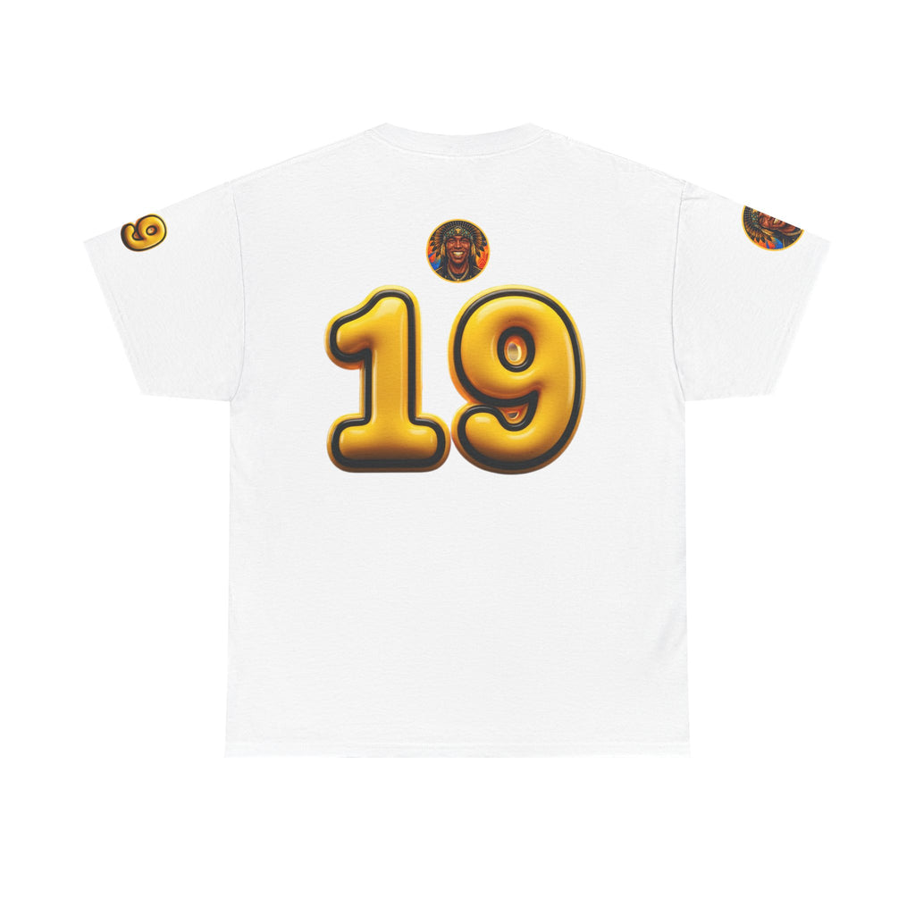 Melanated 19 Graphic Tee — Retro Script Logo & Gold Number Baseball Shirt