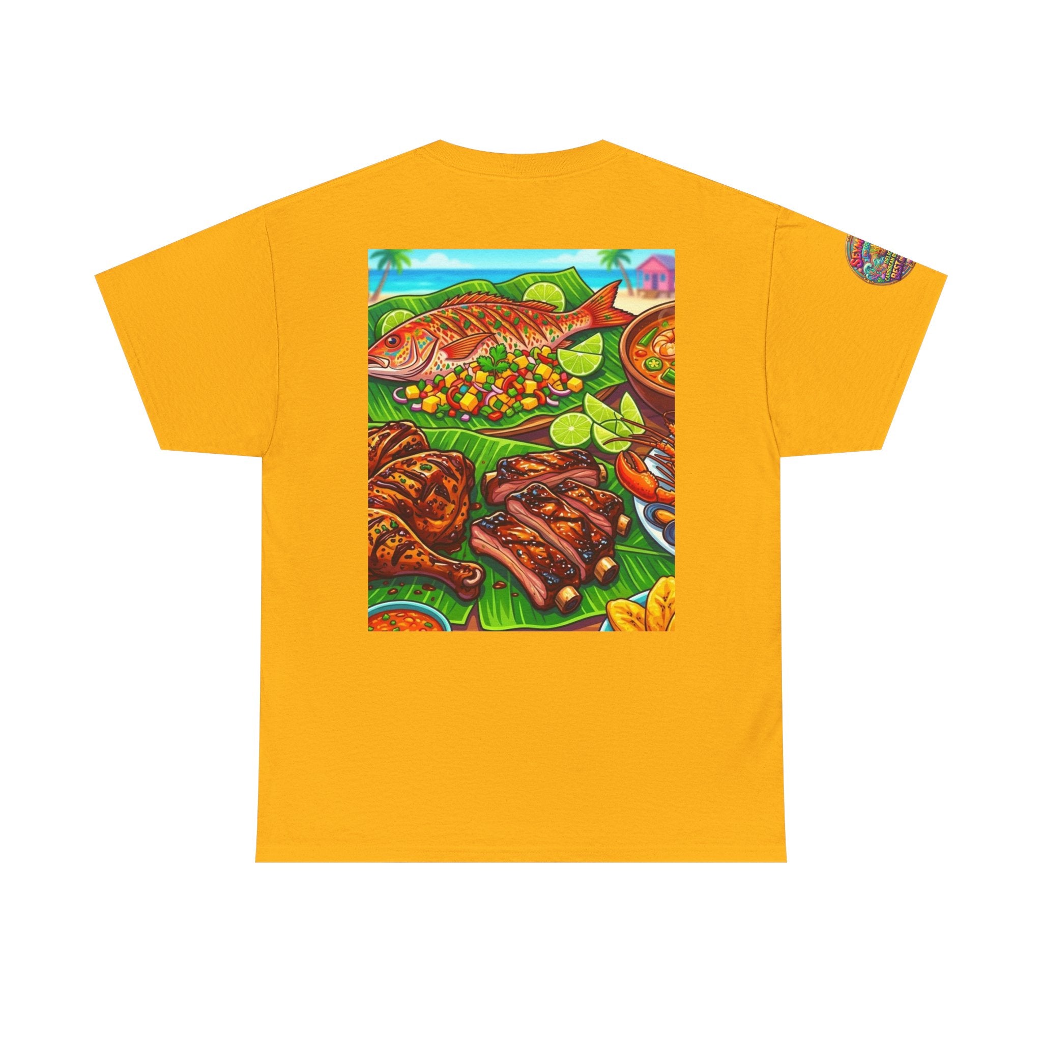 Caribbean BBQ & Seafood Tee — “Seymour’s” Vibrant Island Food Graphic T-Shirt