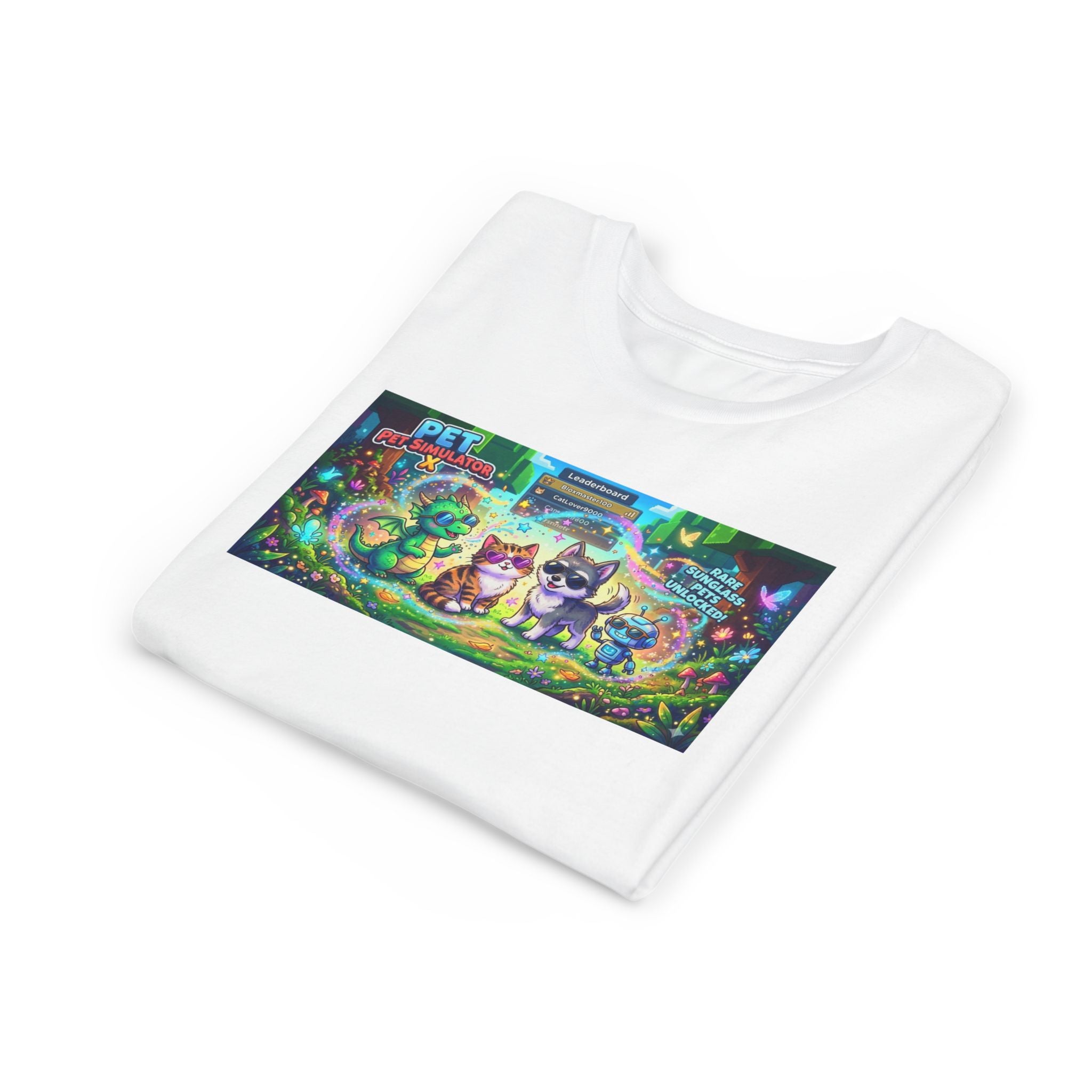 Cute Fantasy Pets Sunglasses Tee — Dragon, Cat, Wolf & Robot Pets