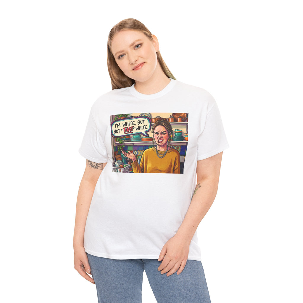 Graphic Tee — "I'm White, But Not THAT White" Illustration with Back Raised Fist Logo