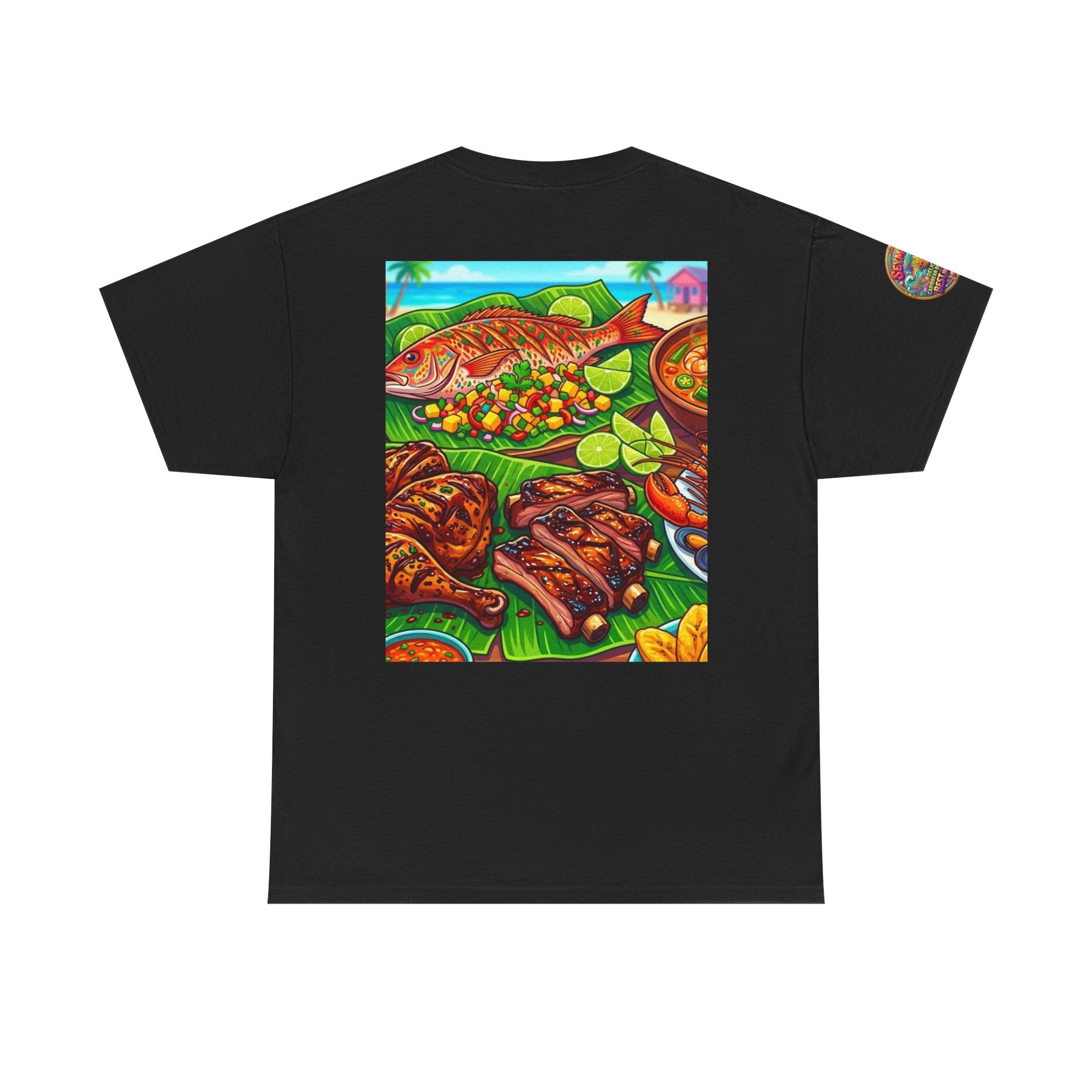 Caribbean BBQ & Seafood Tee — “Seymour’s” Vibrant Island Food Graphic T-Shirt