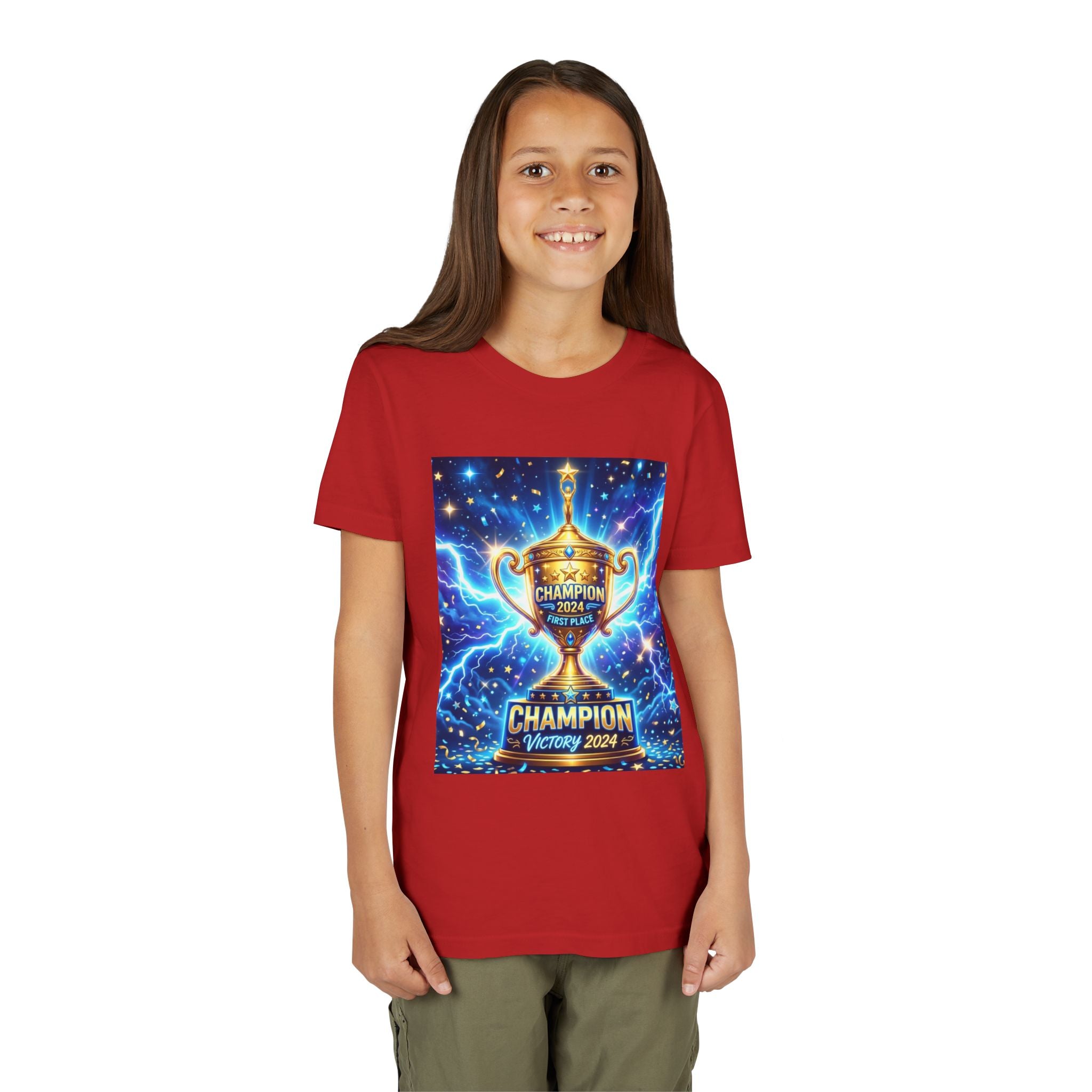 Youth Trophy Lightning Tee — Winning Kids' Short Sleeve Shirt with Stars & Confetti