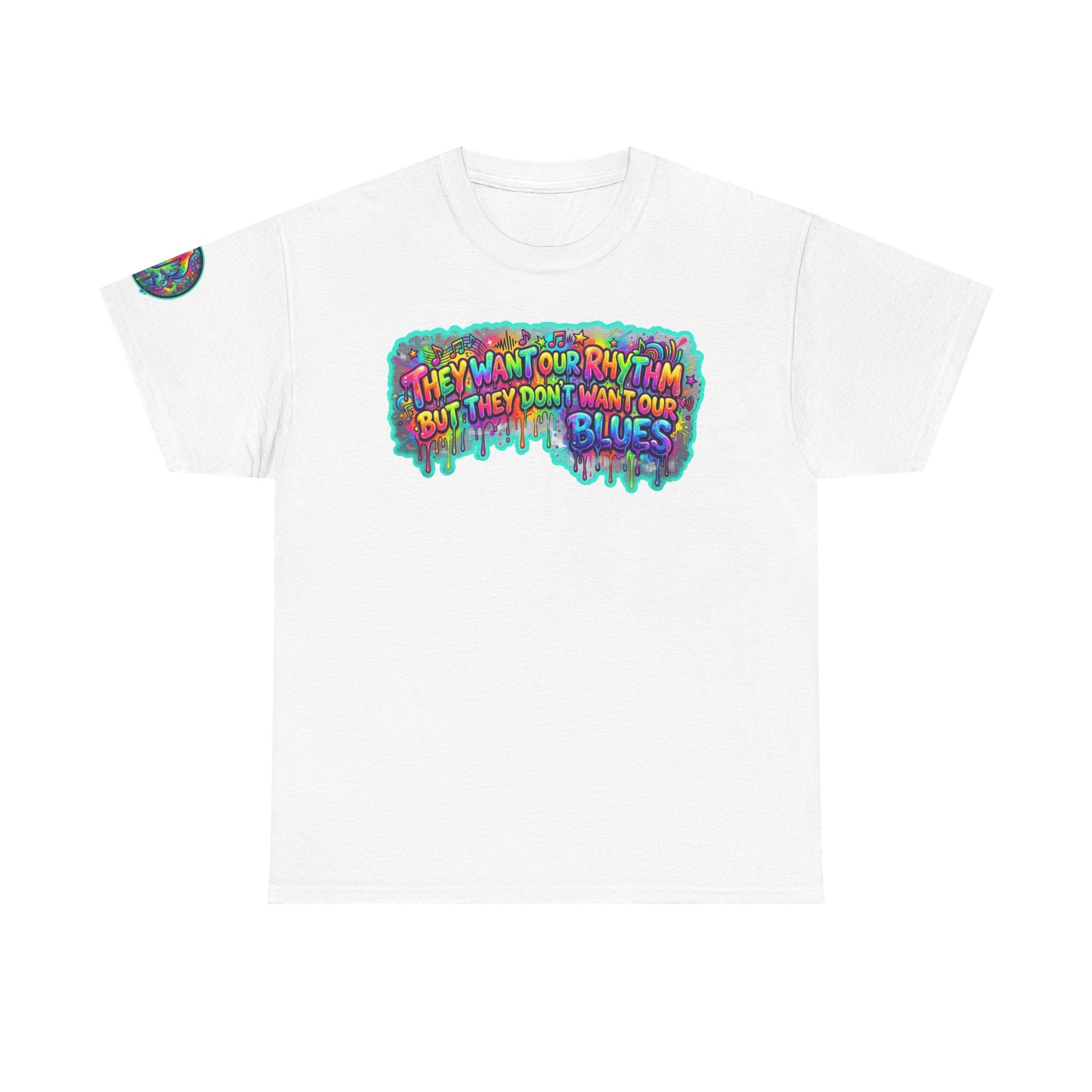 Music Vibes Tee — “They Want Our Rhythm But They Don’t Want Our Blues” Psychedelic Drip Note T-Shirt