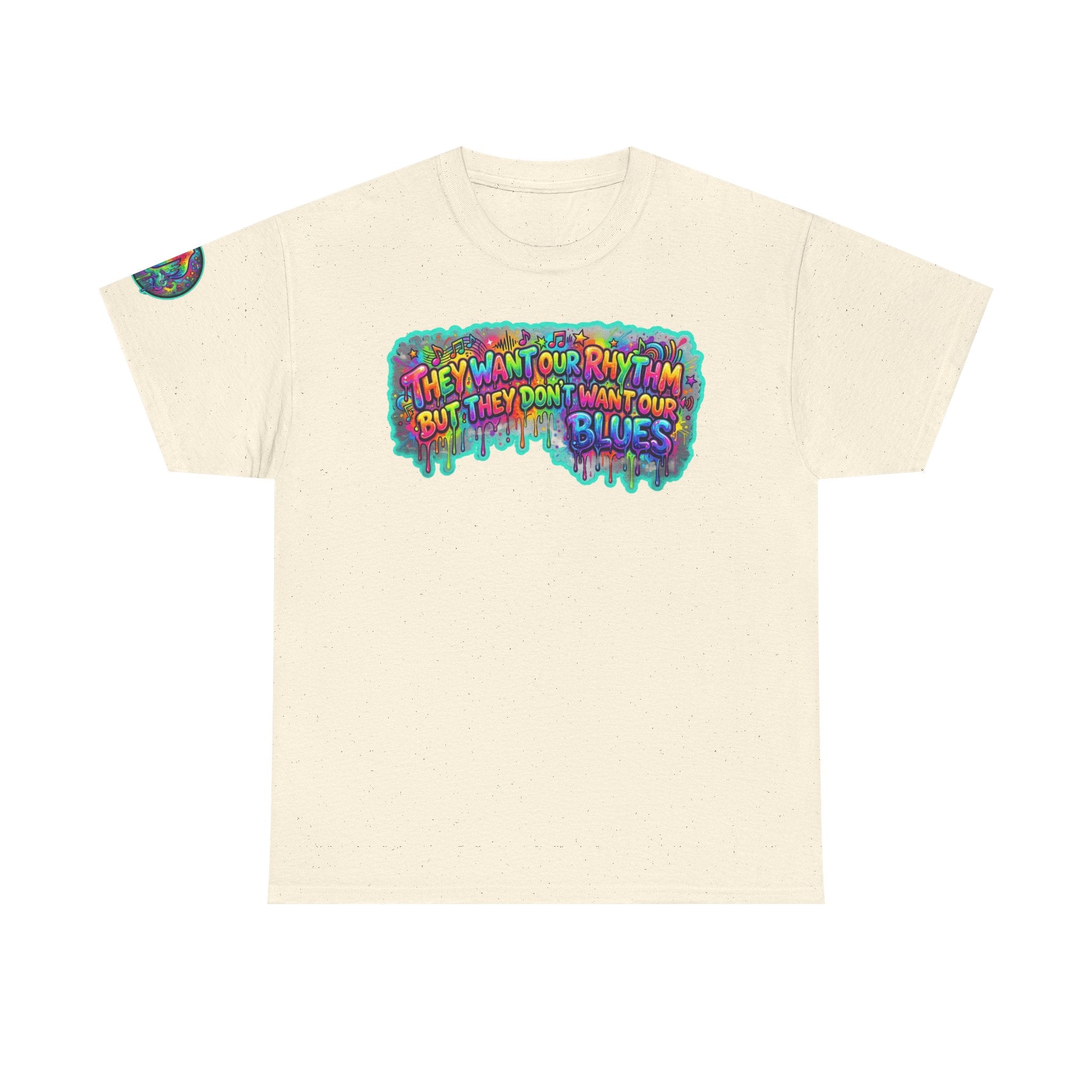 Music Vibes Tee — “They Want Our Rhythm But They Don’t Want Our Blues” Psychedelic Drip Note T-Shirt