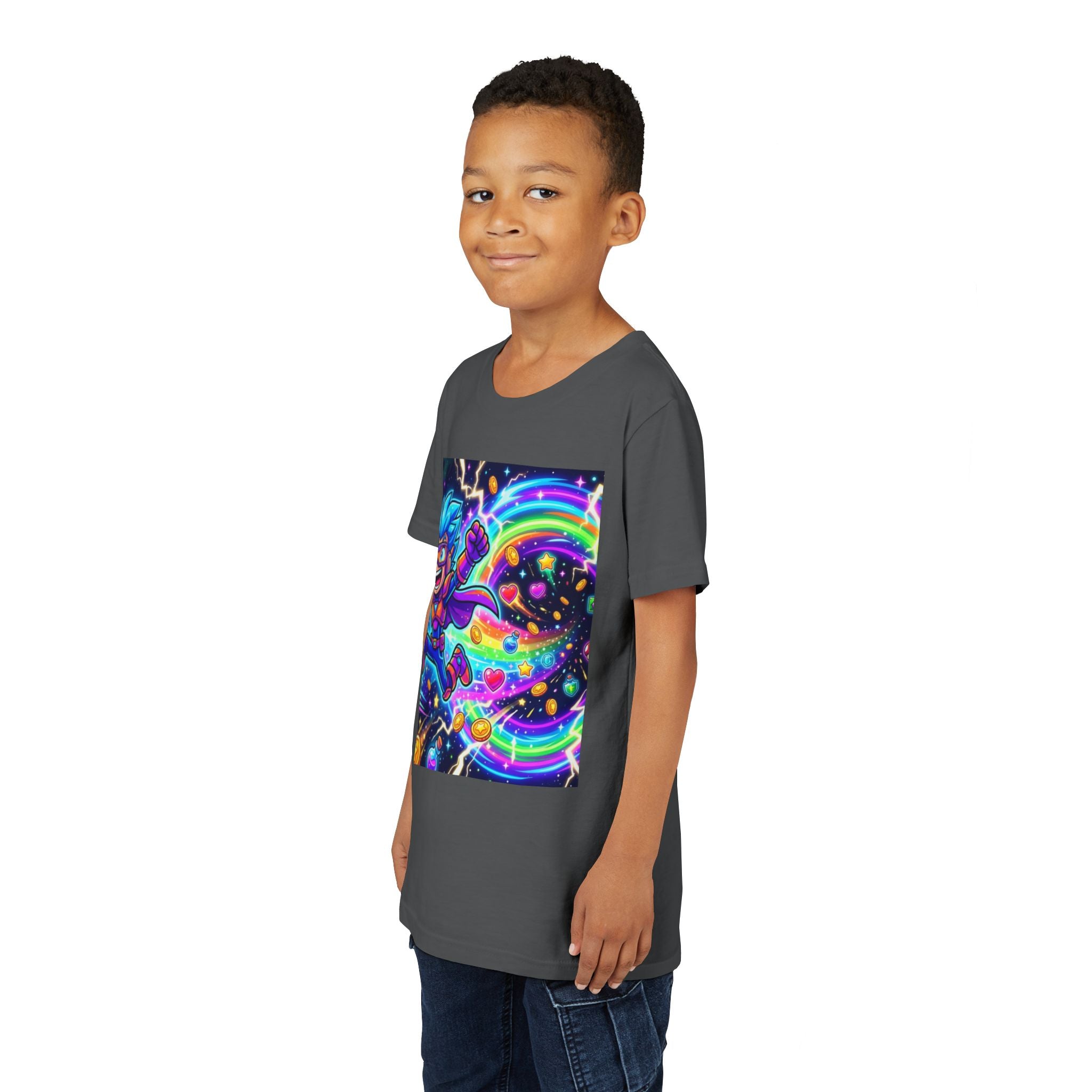 Retro Pixel Explosion Youth Tee — Smiling Avatar, Hearts, Gems & Controllers