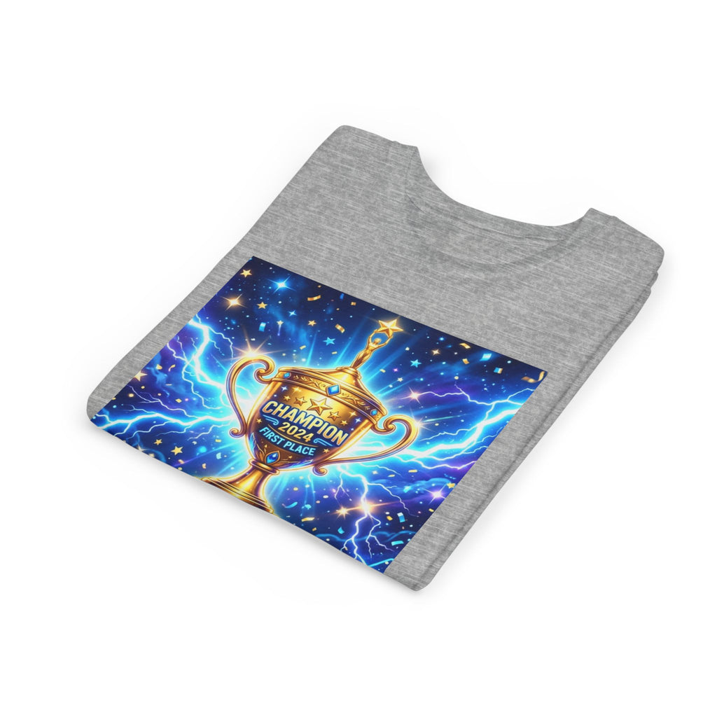 Youth Trophy Lightning Tee — Winning Kids' Short Sleeve Shirt with Stars & Confetti