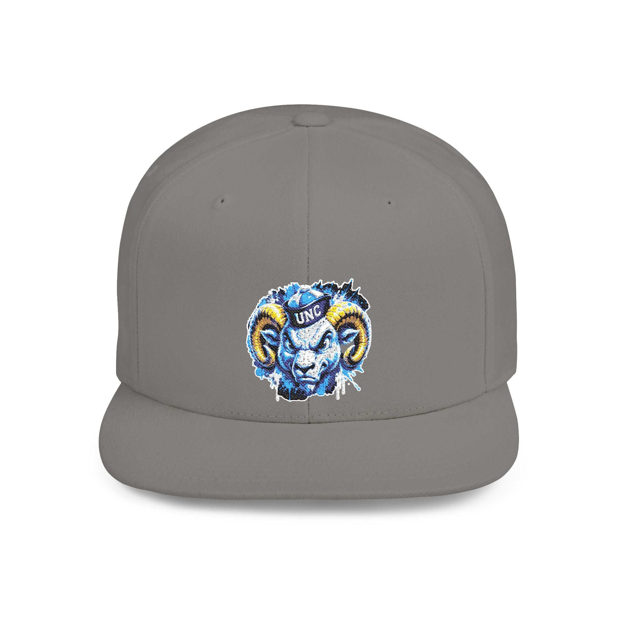 Ram Head Snapback Hat — Blue & Gold Embroidered Flat-Bill Cap