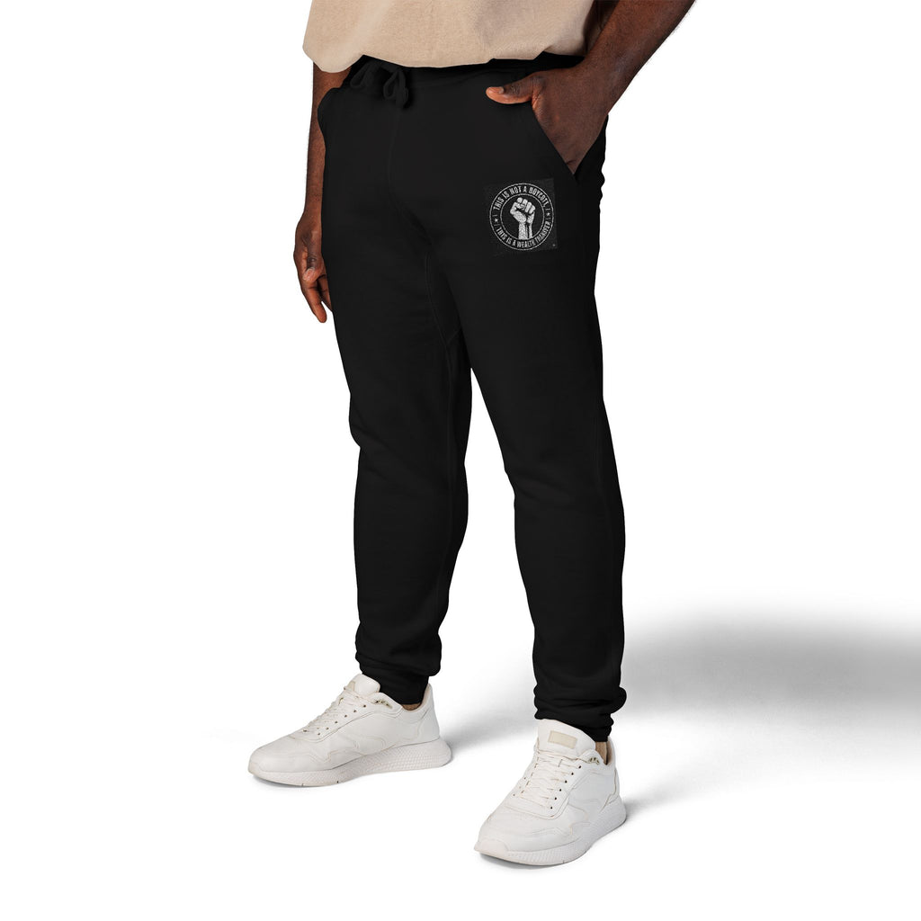 Embroidered White Fleece Sweatpants — Minimalist Skull Patch Joggers