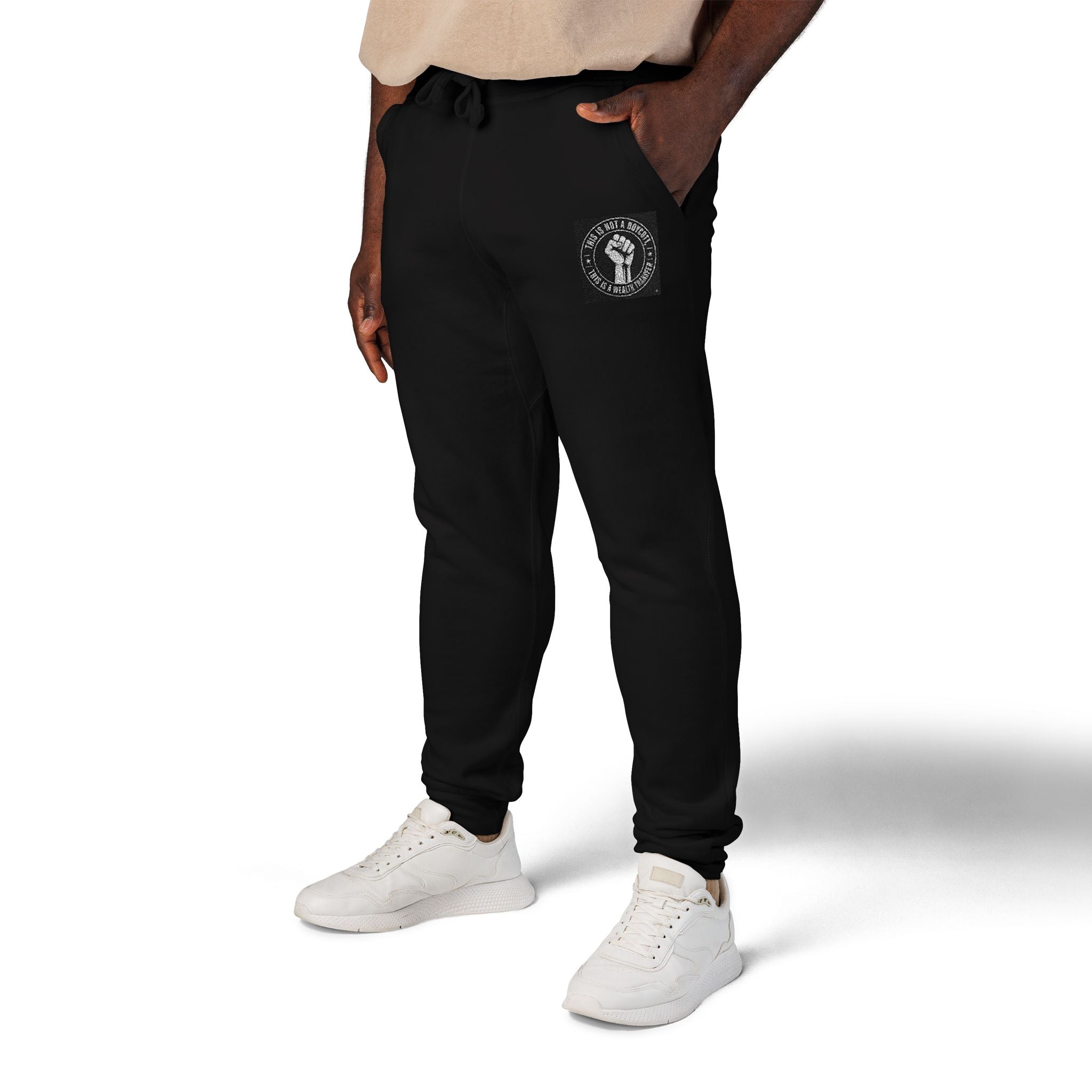 Embroidered White Fleece Sweatpants — Minimalist Skull Patch Joggers