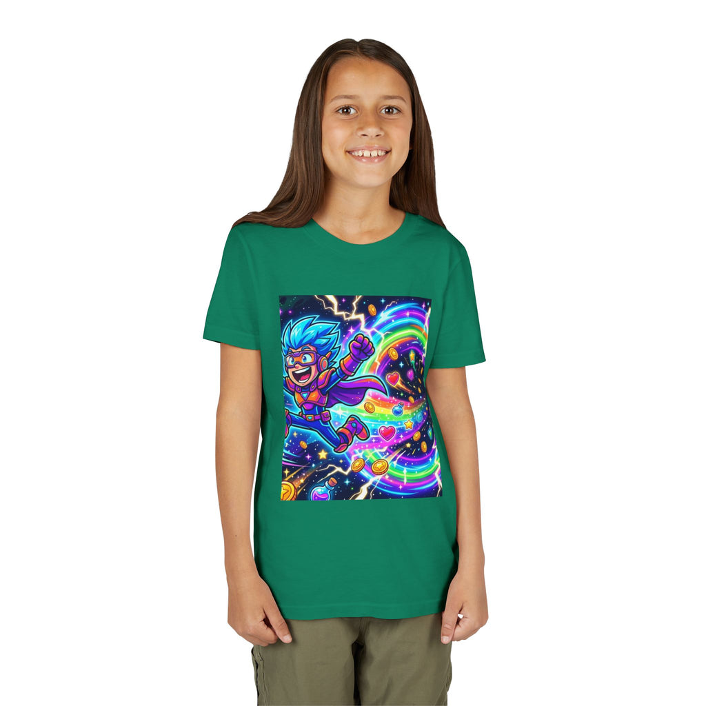 Retro Pixel Explosion Youth Tee — Smiling Avatar, Hearts, Gems & Controllers