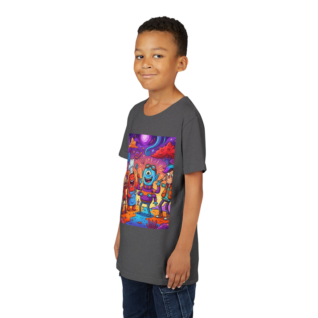 Funny Character Crew Youth Tee — Colorful Crazy Faces Graphic