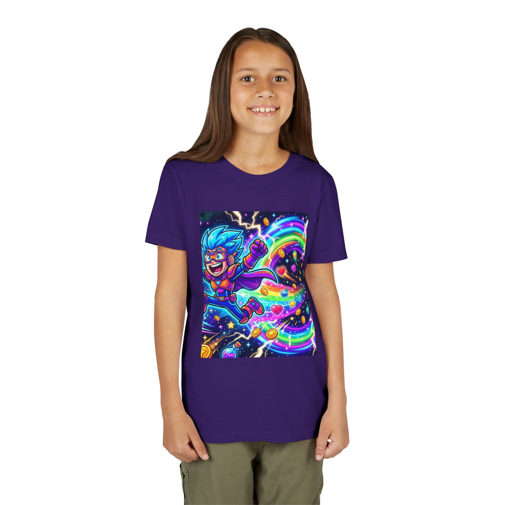 Retro Pixel Explosion Youth Tee — Smiling Avatar, Hearts, Gems & Controllers