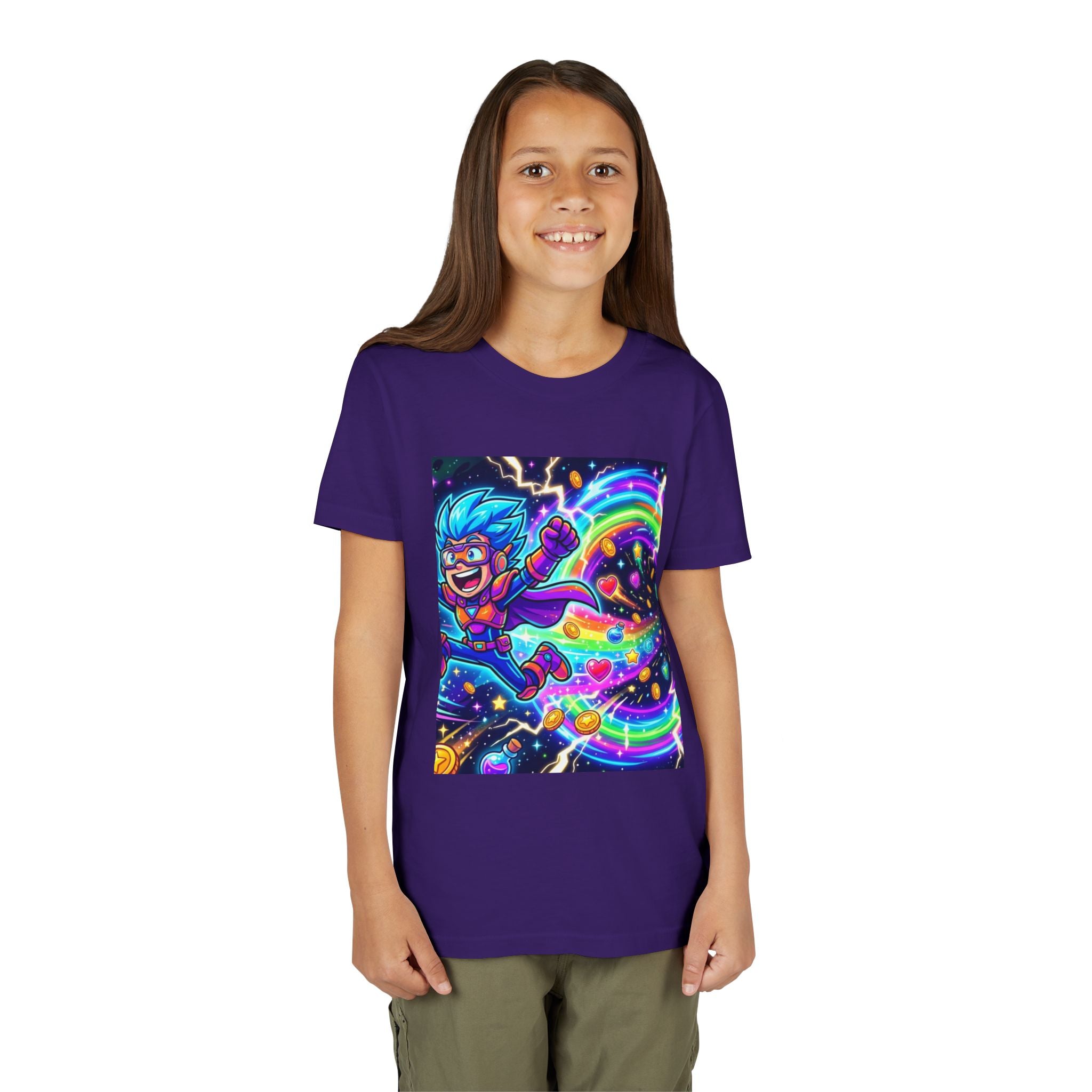 Retro Pixel Explosion Youth Tee — Smiling Avatar, Hearts, Gems & Controllers