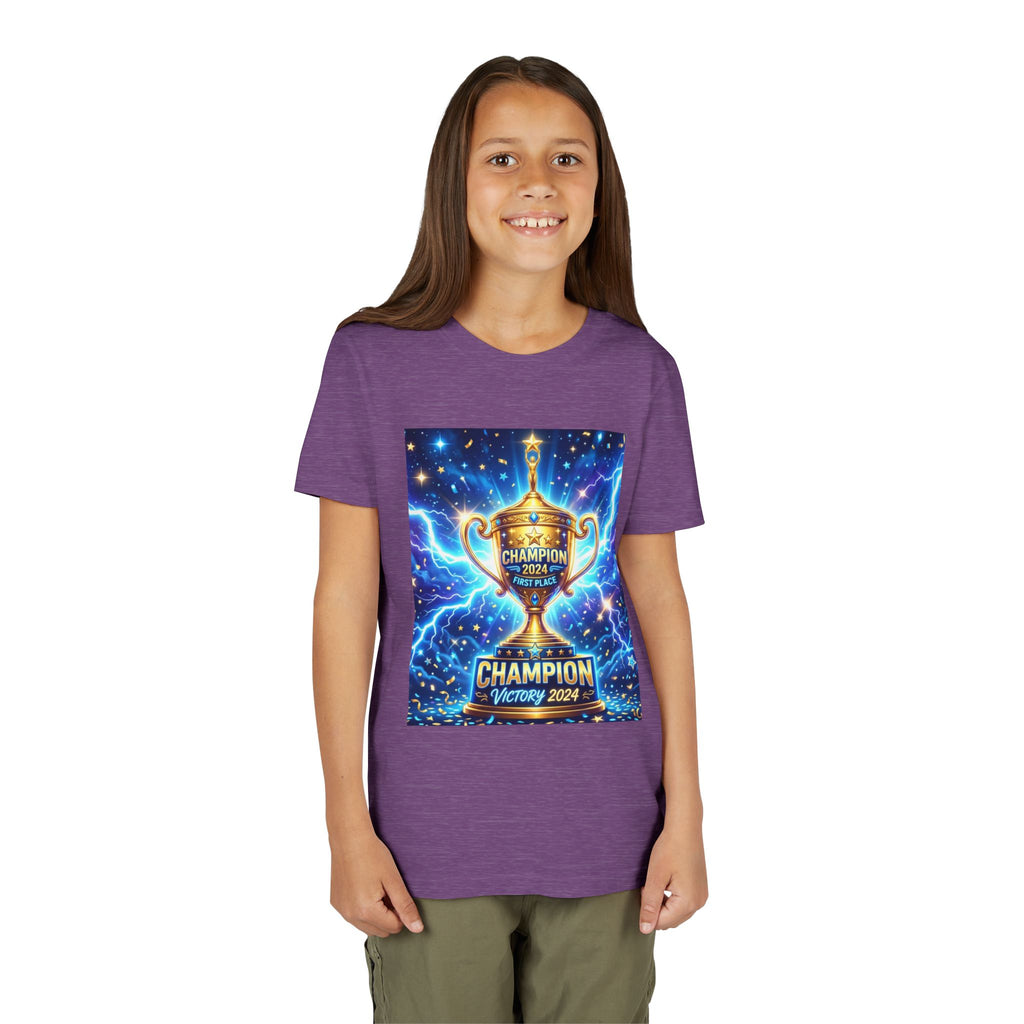 Youth Trophy Lightning Tee — Winning Kids' Short Sleeve Shirt with Stars & Confetti