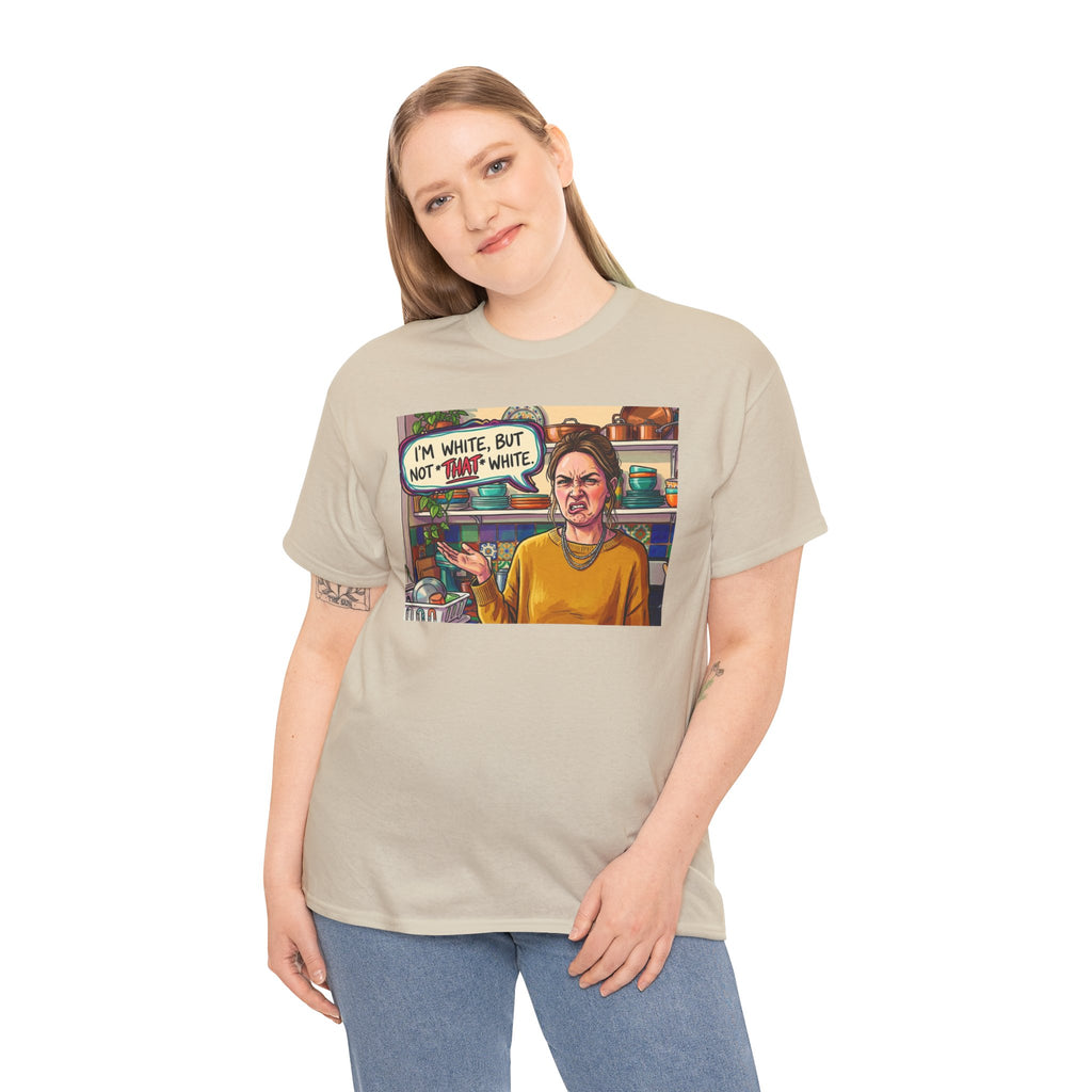Graphic Tee — "I'm White, But Not THAT White" Illustration with Back Raised Fist Logo