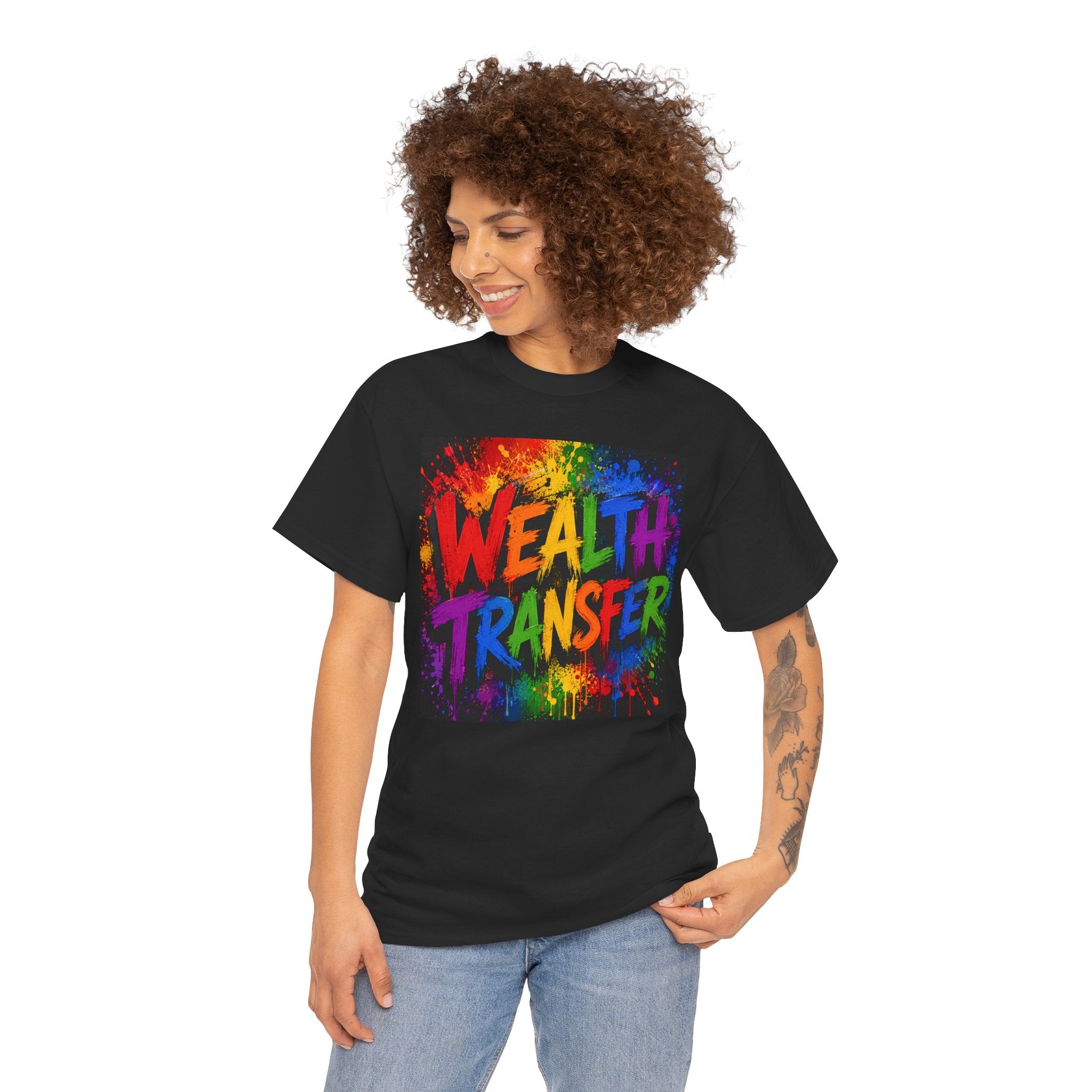 Wealth Transfer T-Shirt — Rainbow Graffiti Design (Back Fist Emblem)
