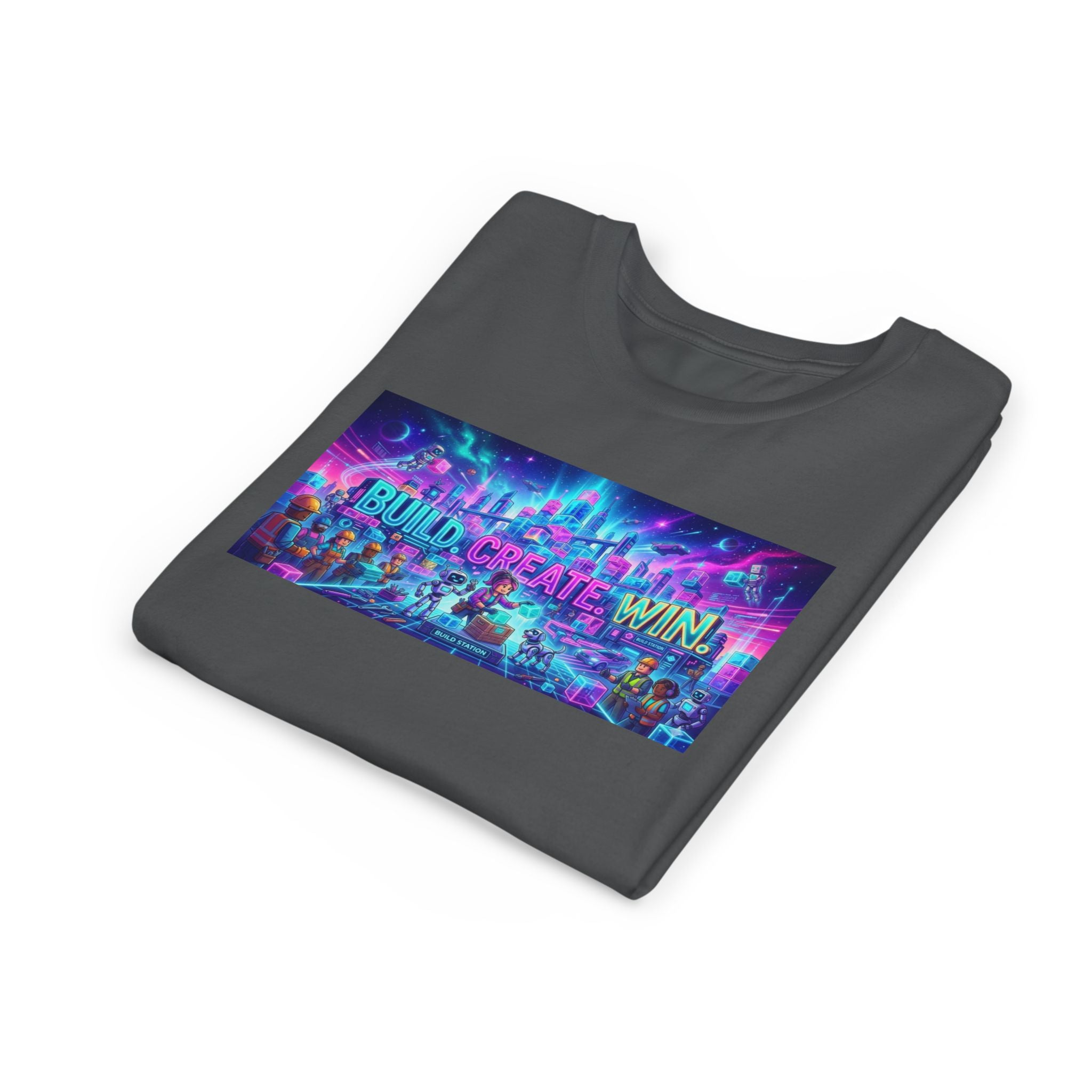 Youth Tee — “BUILD. CREATE. WIN.” Neon Builder City Design