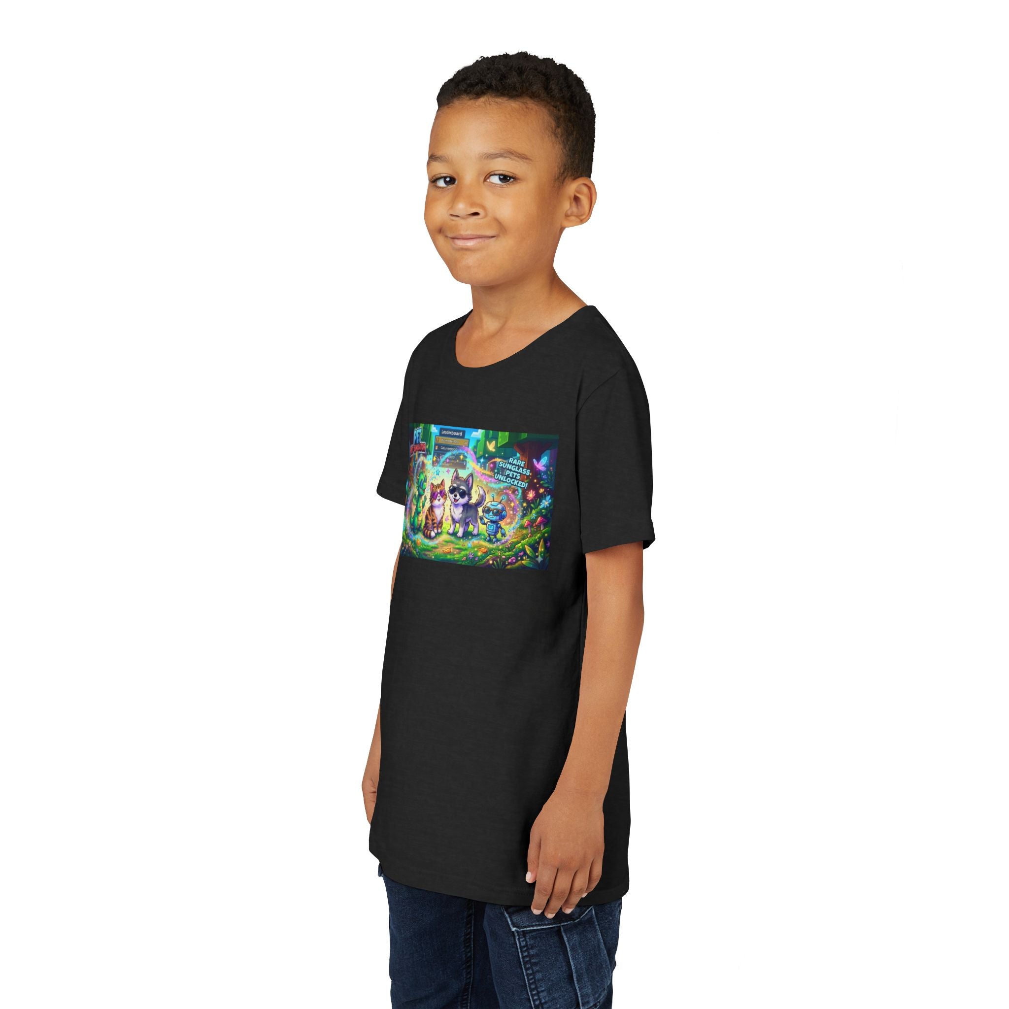 Cute Fantasy Pets Sunglasses Tee — Dragon, Cat, Wolf & Robot Pets