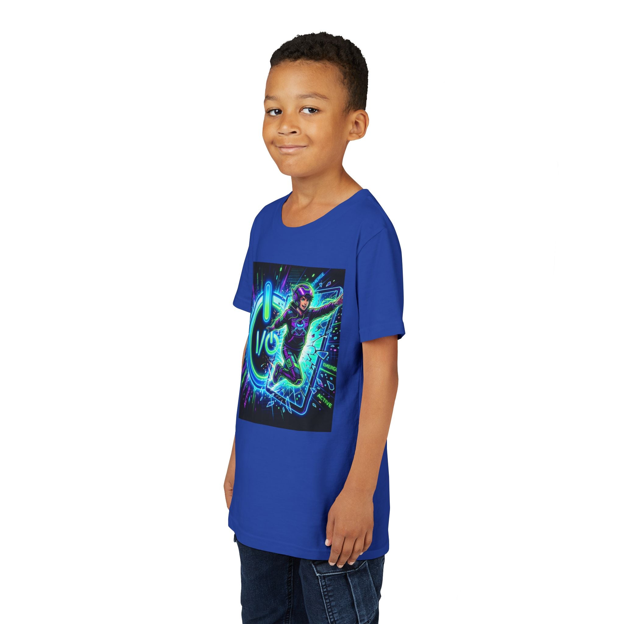 Neon Power Button Tee — Gamer Screen Escape Youth T-Shirt
