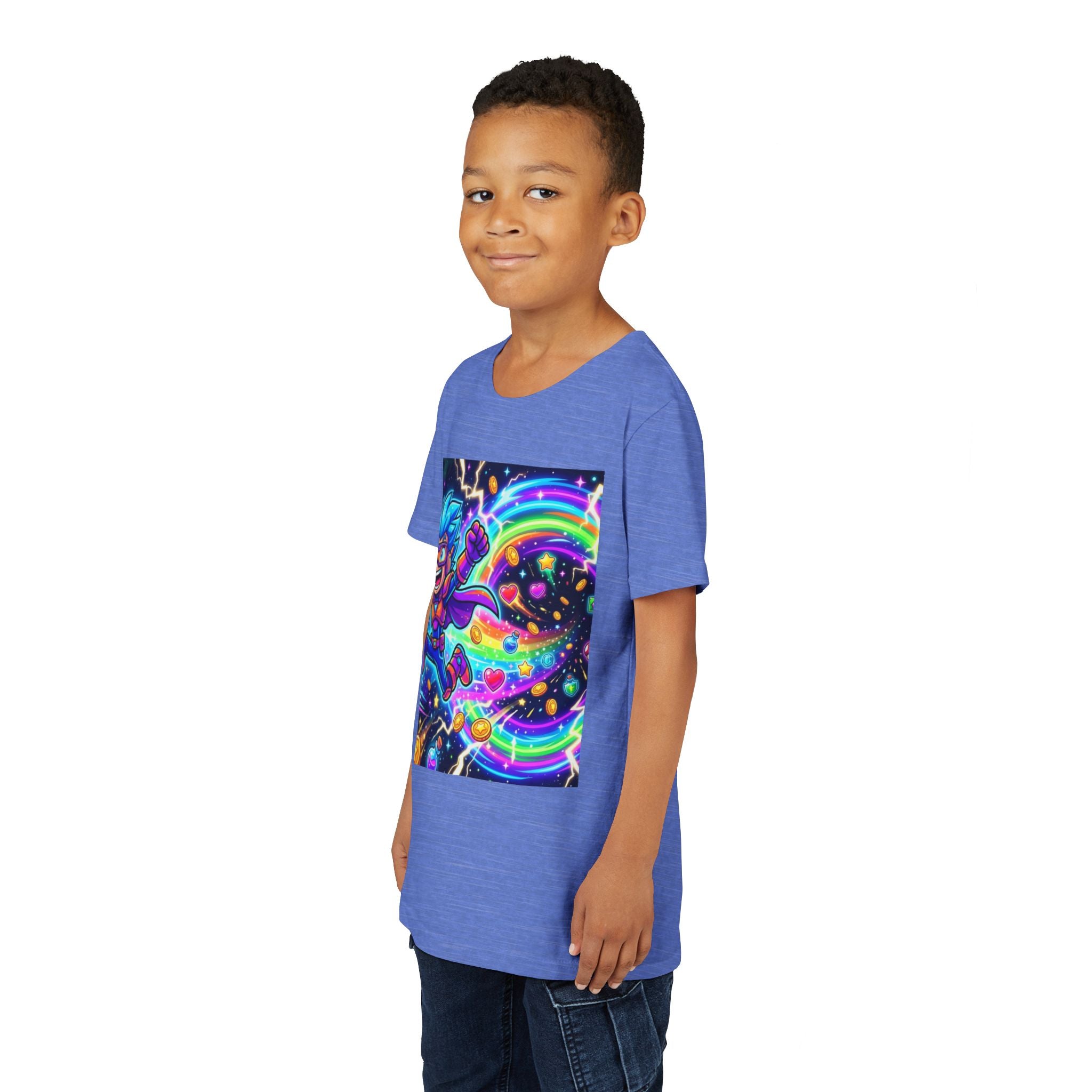 Retro Pixel Explosion Youth Tee — Smiling Avatar, Hearts, Gems & Controllers